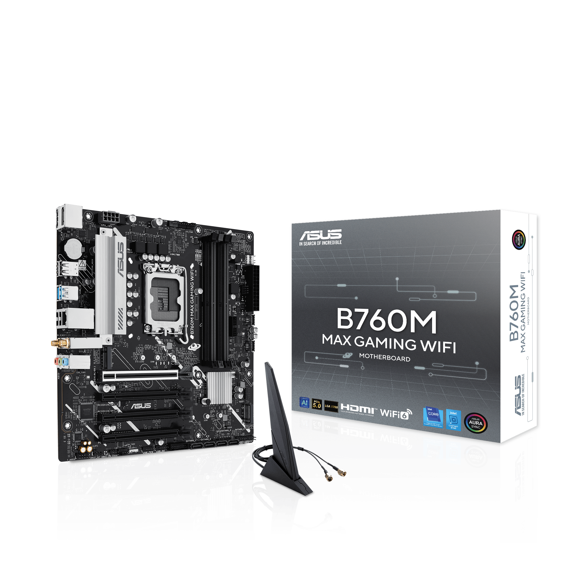 A large main feature product image of ASUS B760M MAX Gaming WiFi LGA1700 mATX Desktop Motherboard