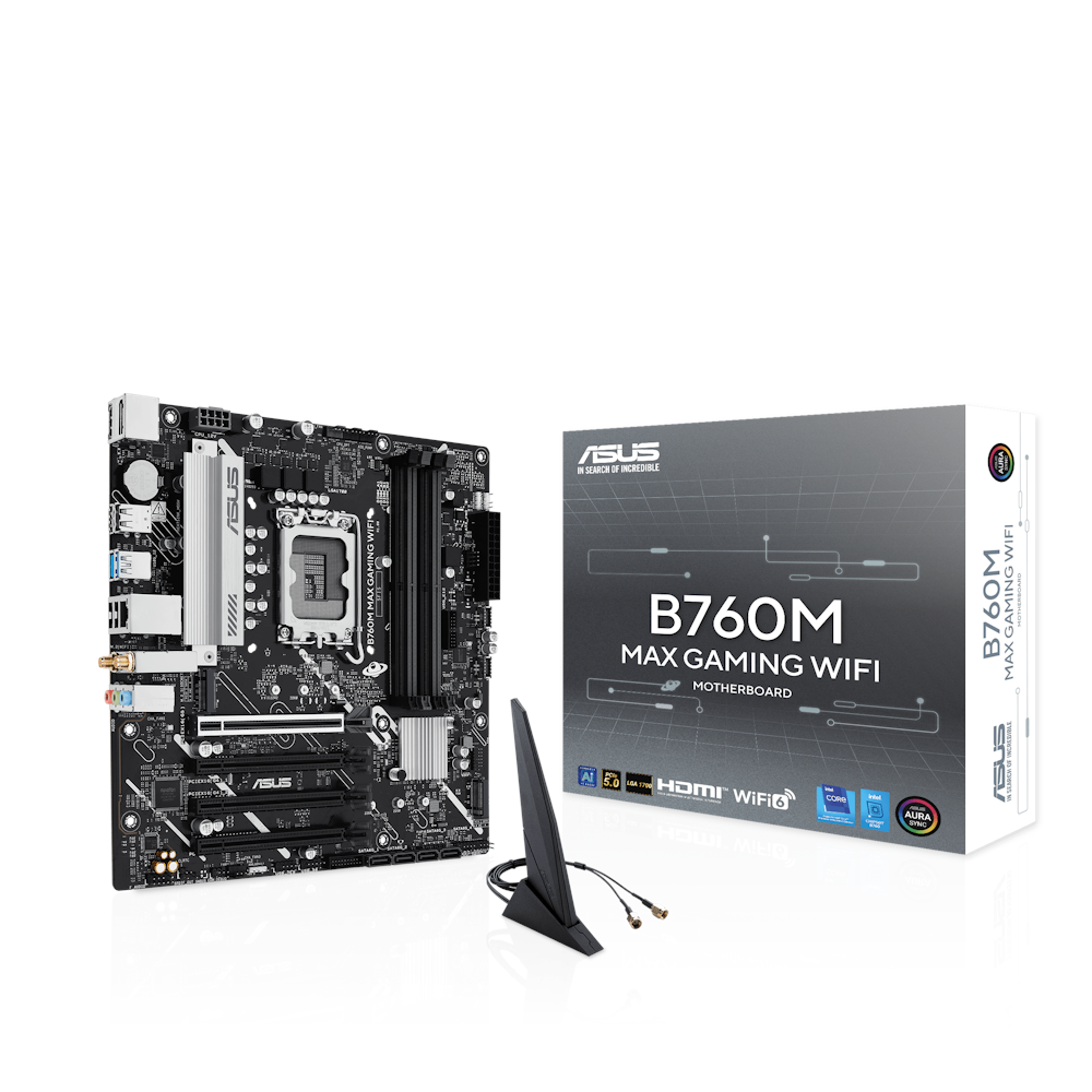 A large main feature product image of ASUS B760M MAX Gaming WiFi LGA1700 mATX Desktop Motherboard
