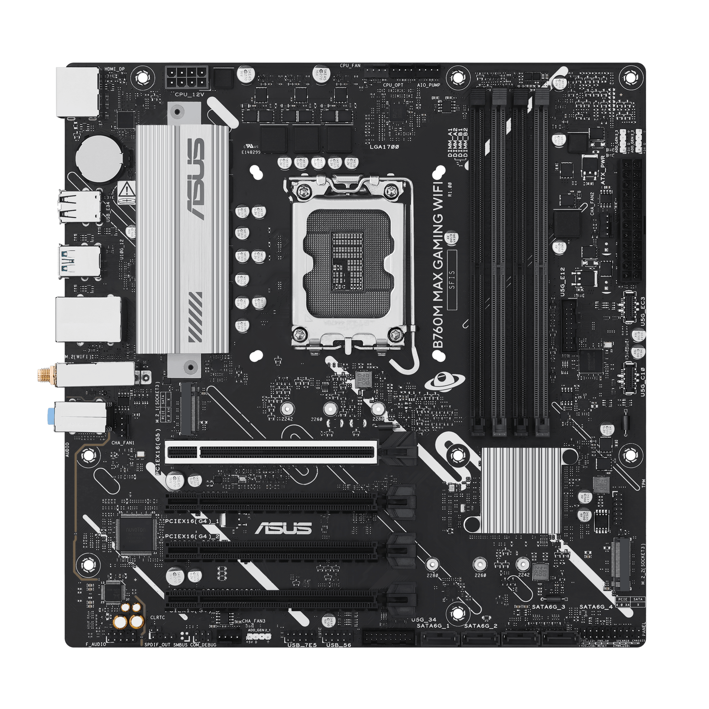 A large main feature product image of ASUS B760M MAX Gaming WiFi LGA1700 mATX Desktop Motherboard