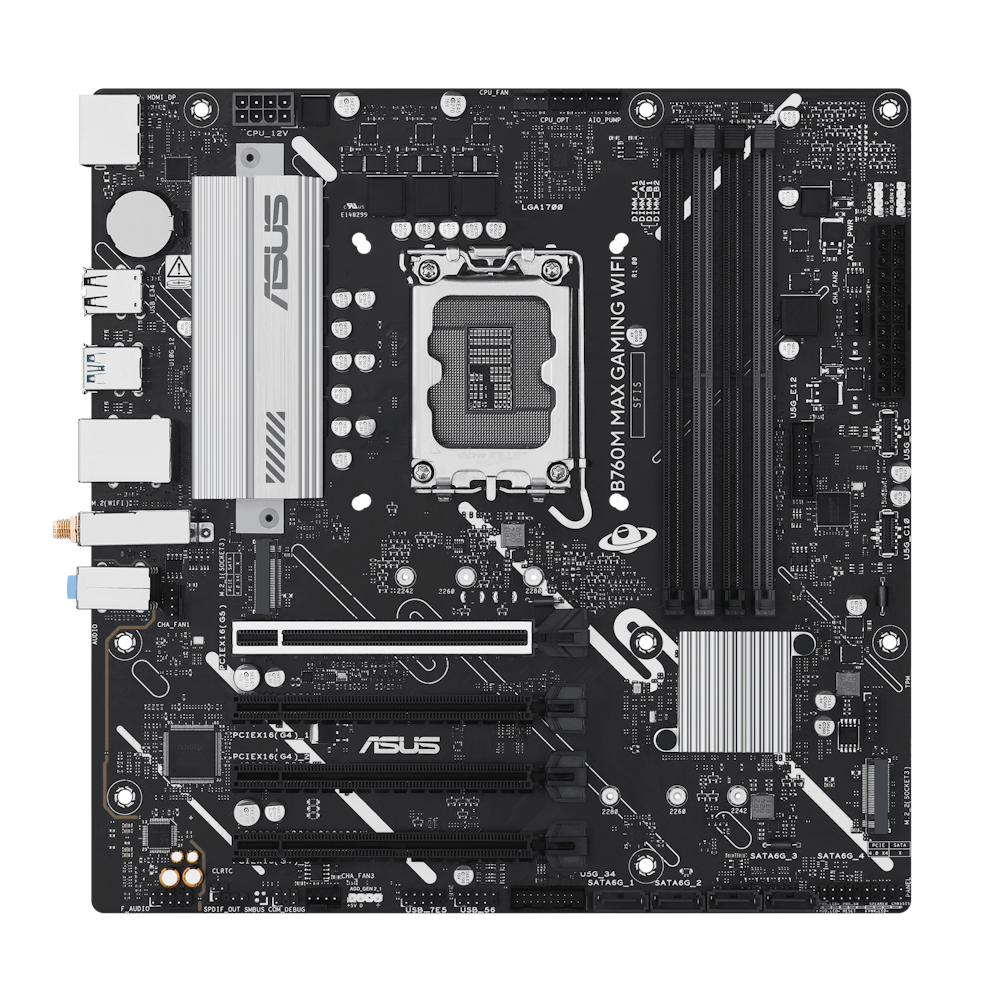 A large main feature product image of ASUS B760M MAX Gaming WiFi LGA1700 mATX Desktop Motherboard