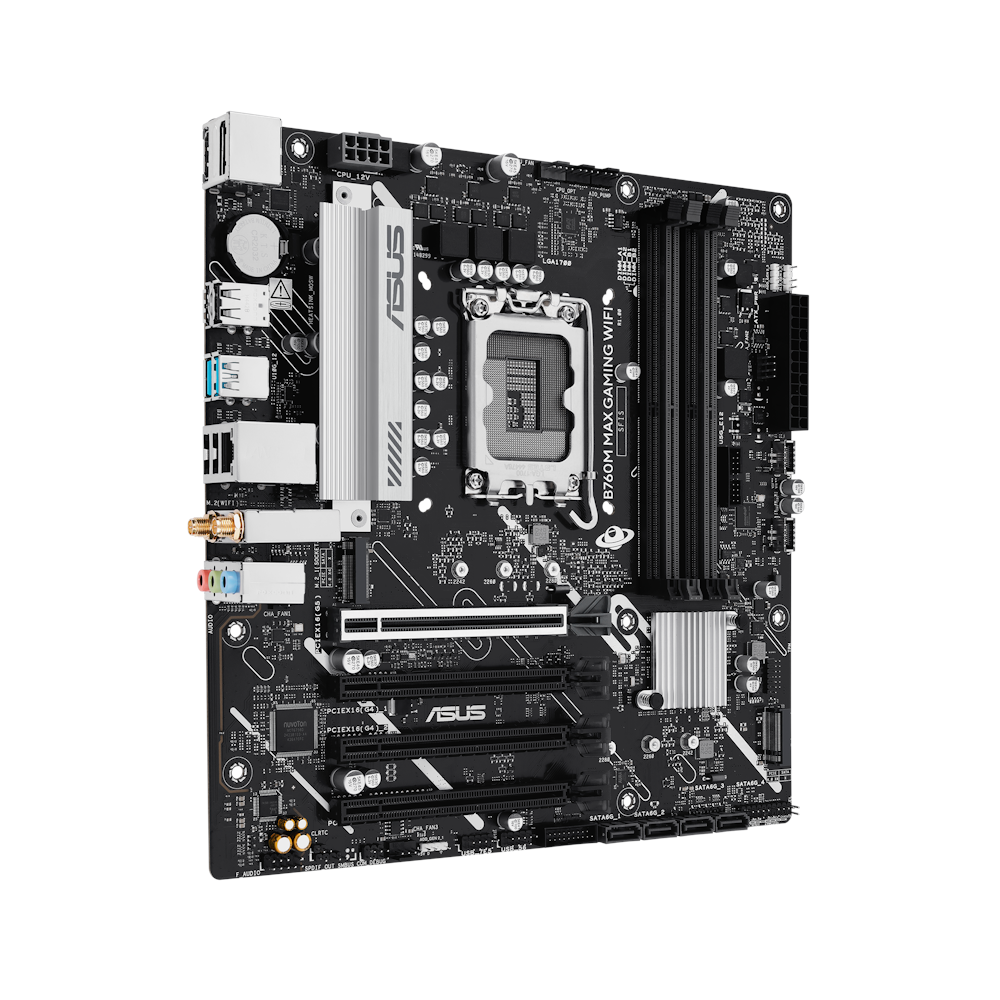 A large main feature product image of ASUS B760M MAX Gaming WiFi LGA1700 mATX Desktop Motherboard