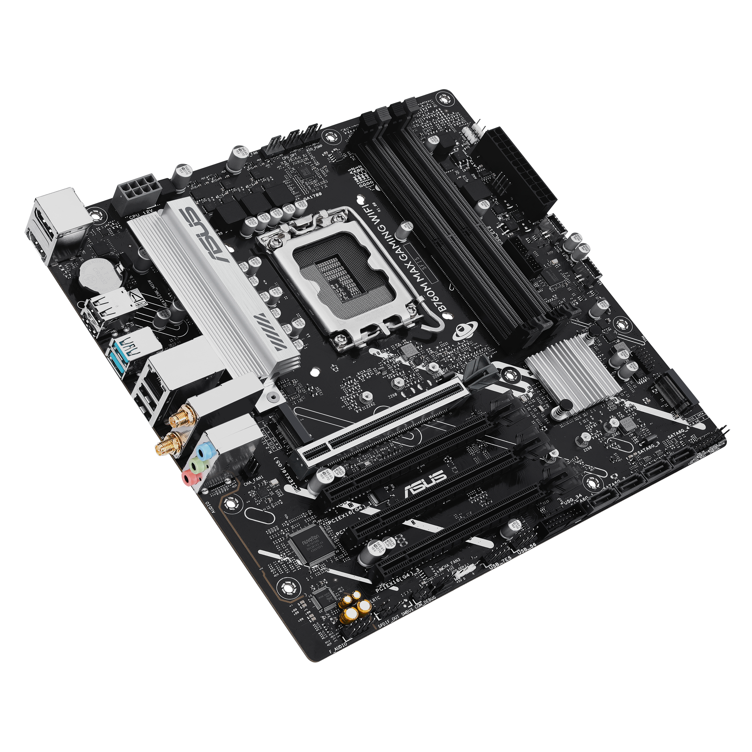 A large main feature product image of ASUS B760M MAX Gaming WiFi LGA1700 mATX Desktop Motherboard
