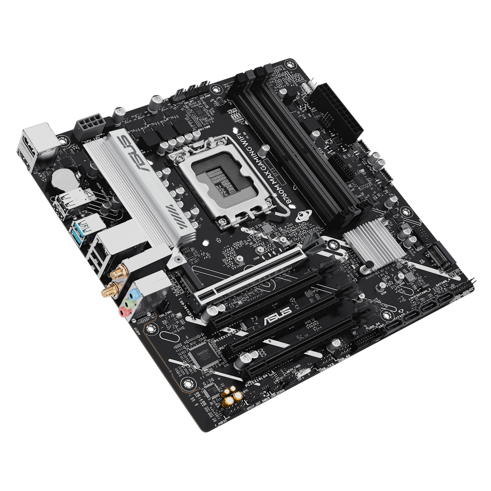 A large main feature product image of ASUS B760M MAX Gaming WiFi LGA1700 mATX Desktop Motherboard