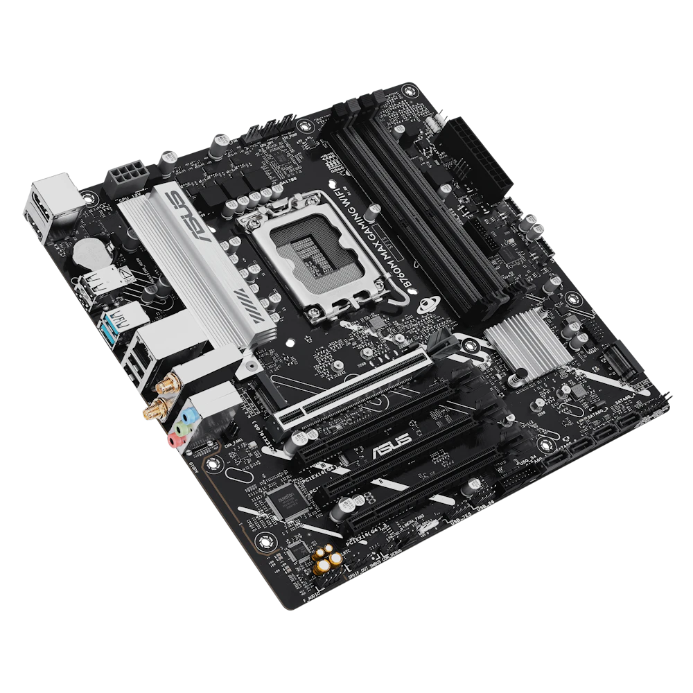 A large main feature product image of ASUS B760M MAX Gaming WiFi LGA1700 mATX Desktop Motherboard