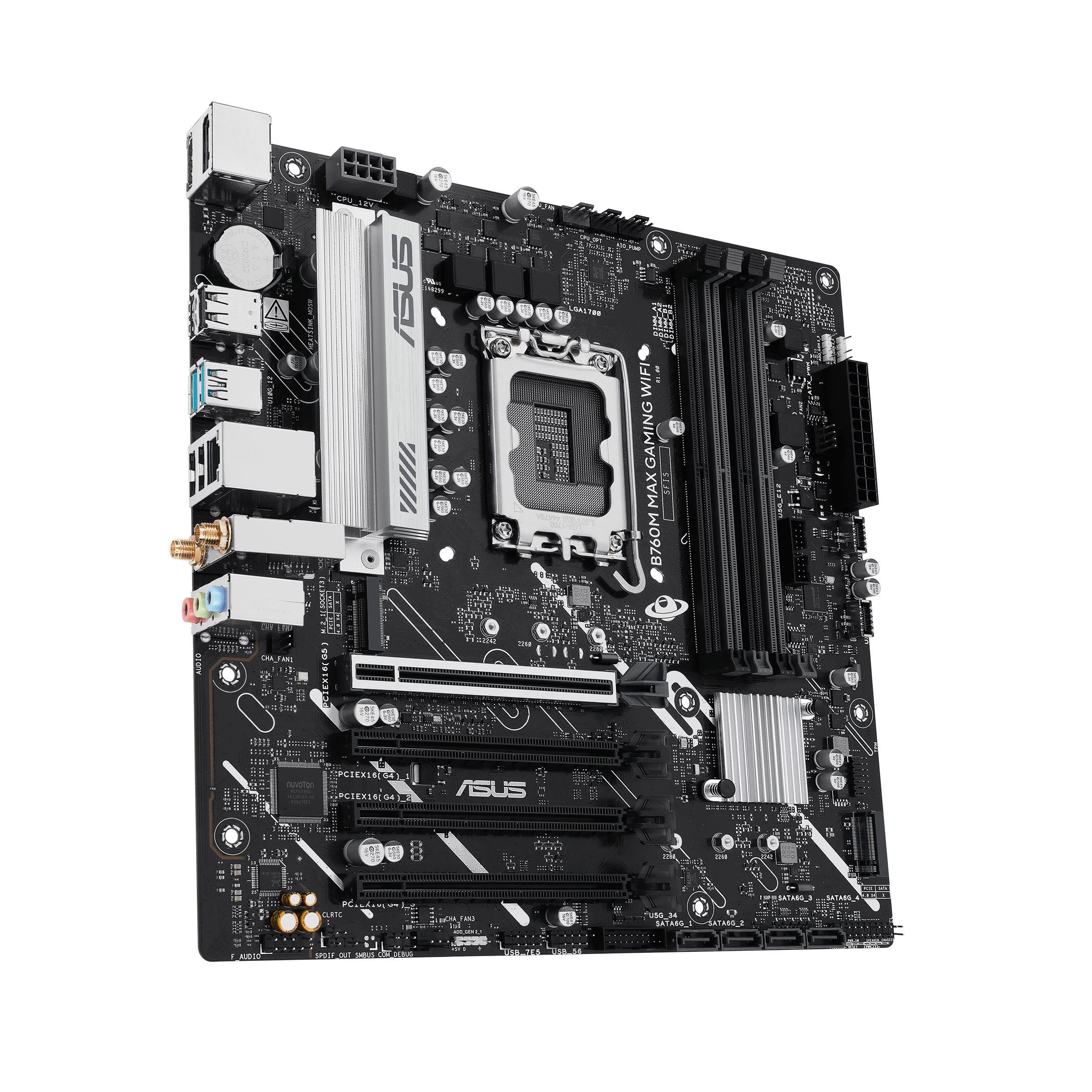 A large main feature product image of ASUS B760M MAX Gaming WiFi LGA1700 mATX Desktop Motherboard