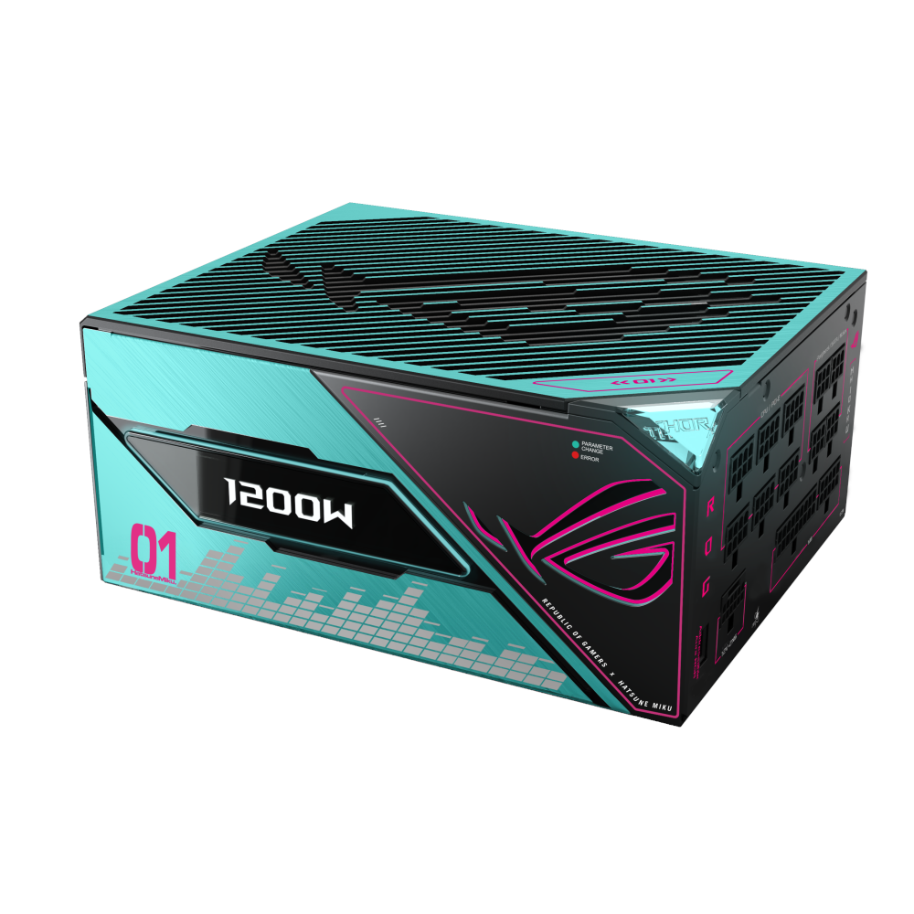 A large main feature product image of ASUS ROG THOR 1200W Platinum III PCIe 5.0 Modular PSU w/ Magnetic OLED Display - Hatsune Miku Edition