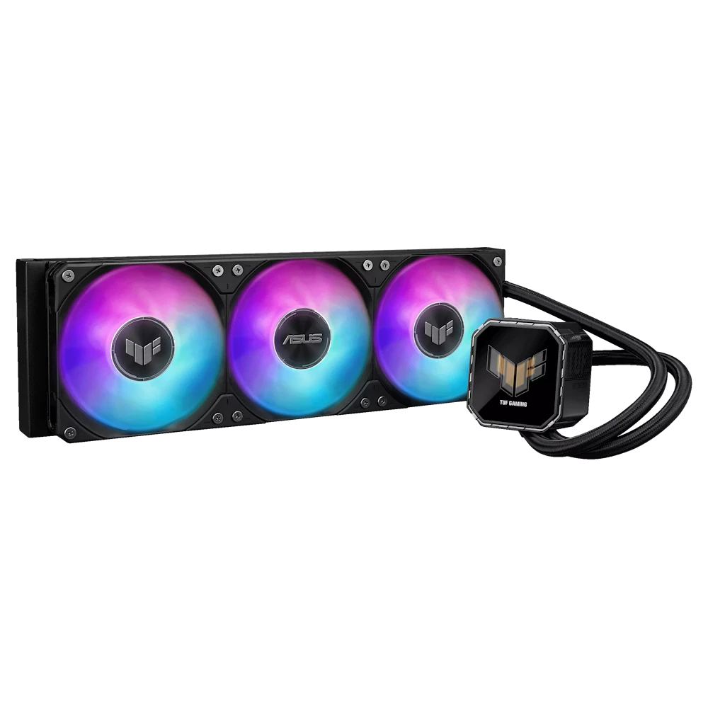 A large main feature product image of ASUS TUF GAMING LC III 360 LCD ARGB 360mm AIO Liquid CPU Cooler