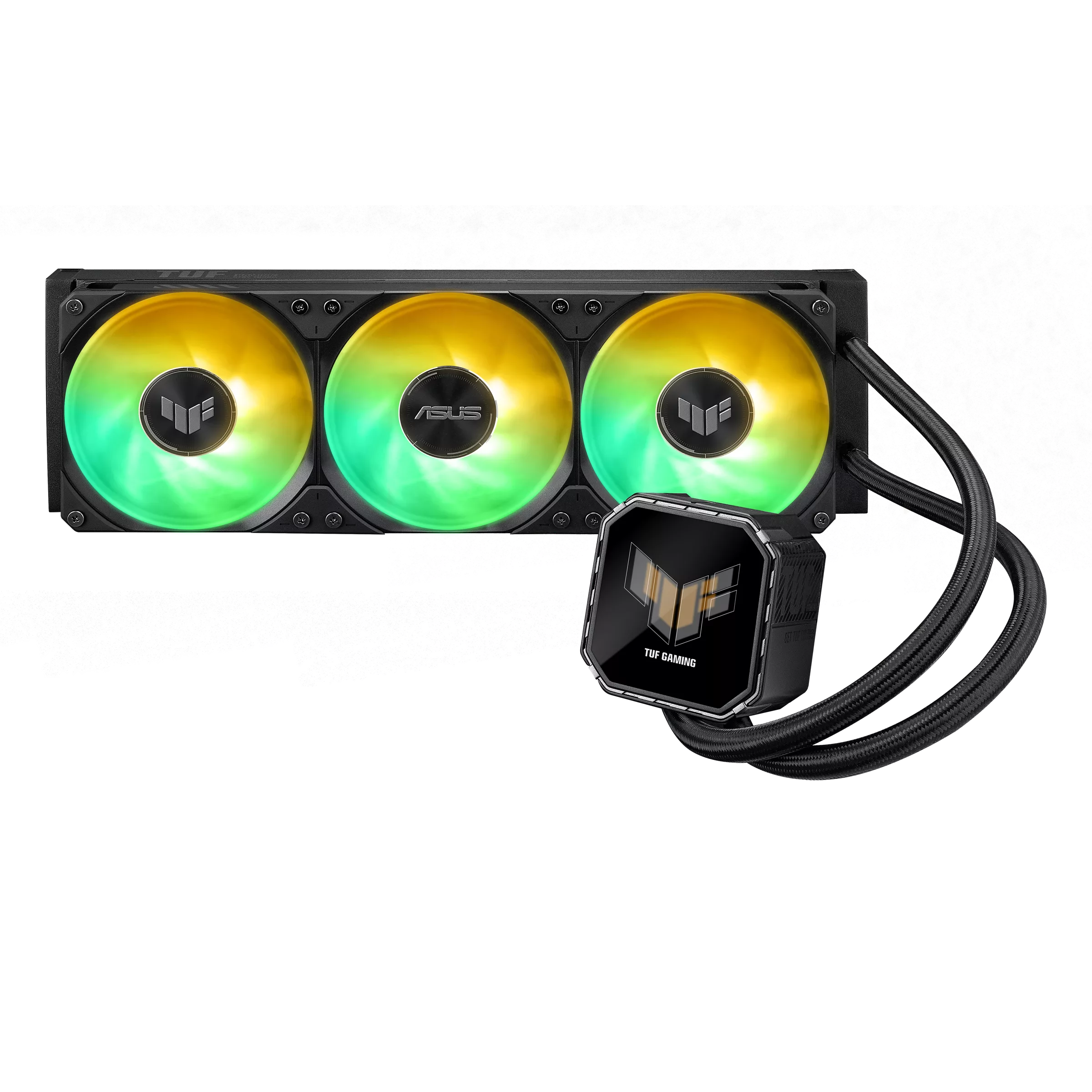 A large main feature product image of ASUS TUF GAMING LC III 360 LCD ARGB 360mm AIO Liquid CPU Cooler