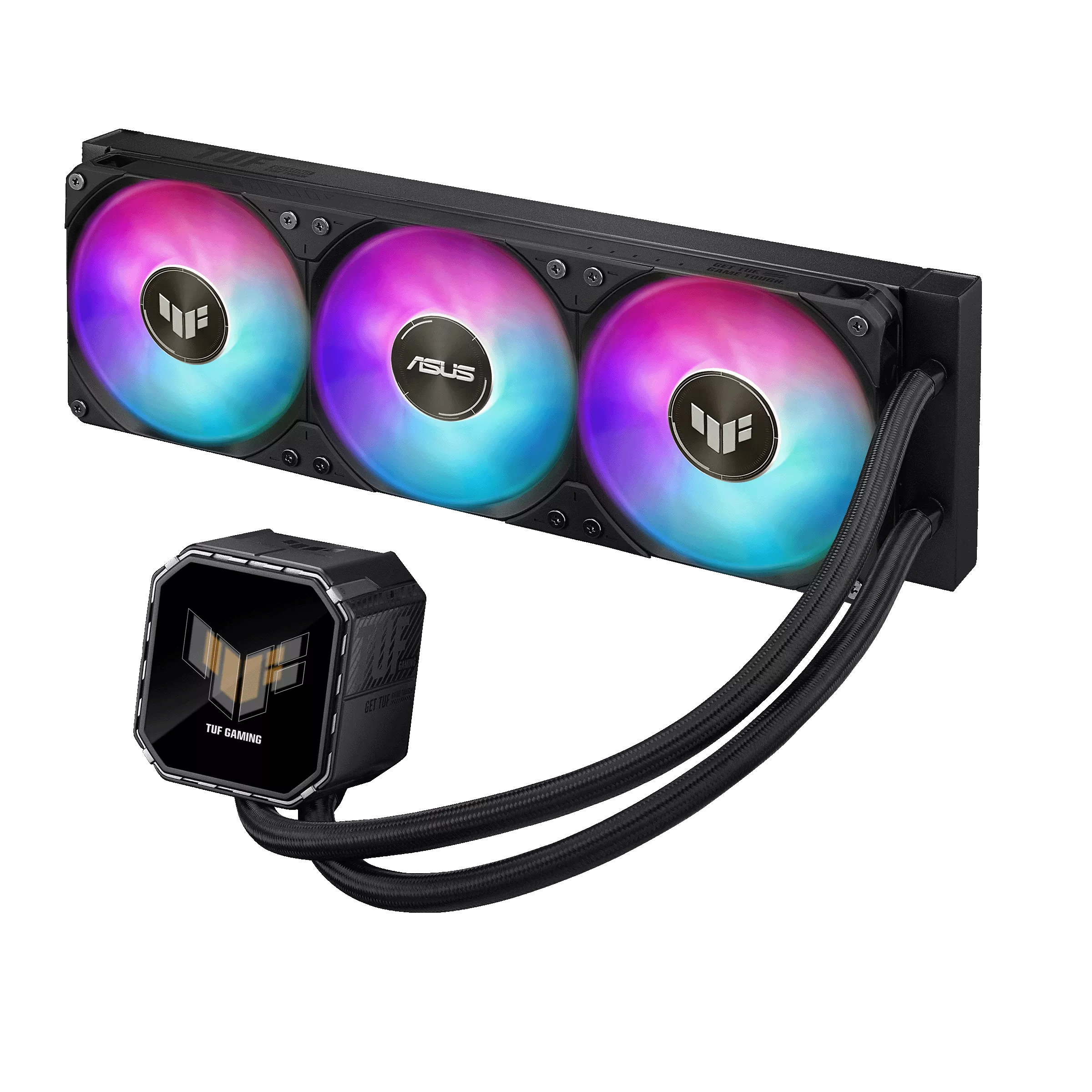 A large main feature product image of ASUS TUF GAMING LC III 360 LCD ARGB 360mm AIO Liquid CPU Cooler