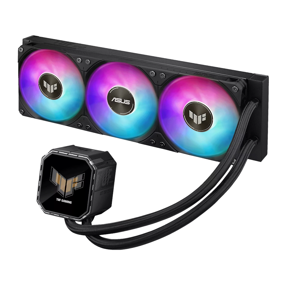A large main feature product image of ASUS TUF GAMING LC III 360 LCD ARGB 360mm AIO Liquid CPU Cooler