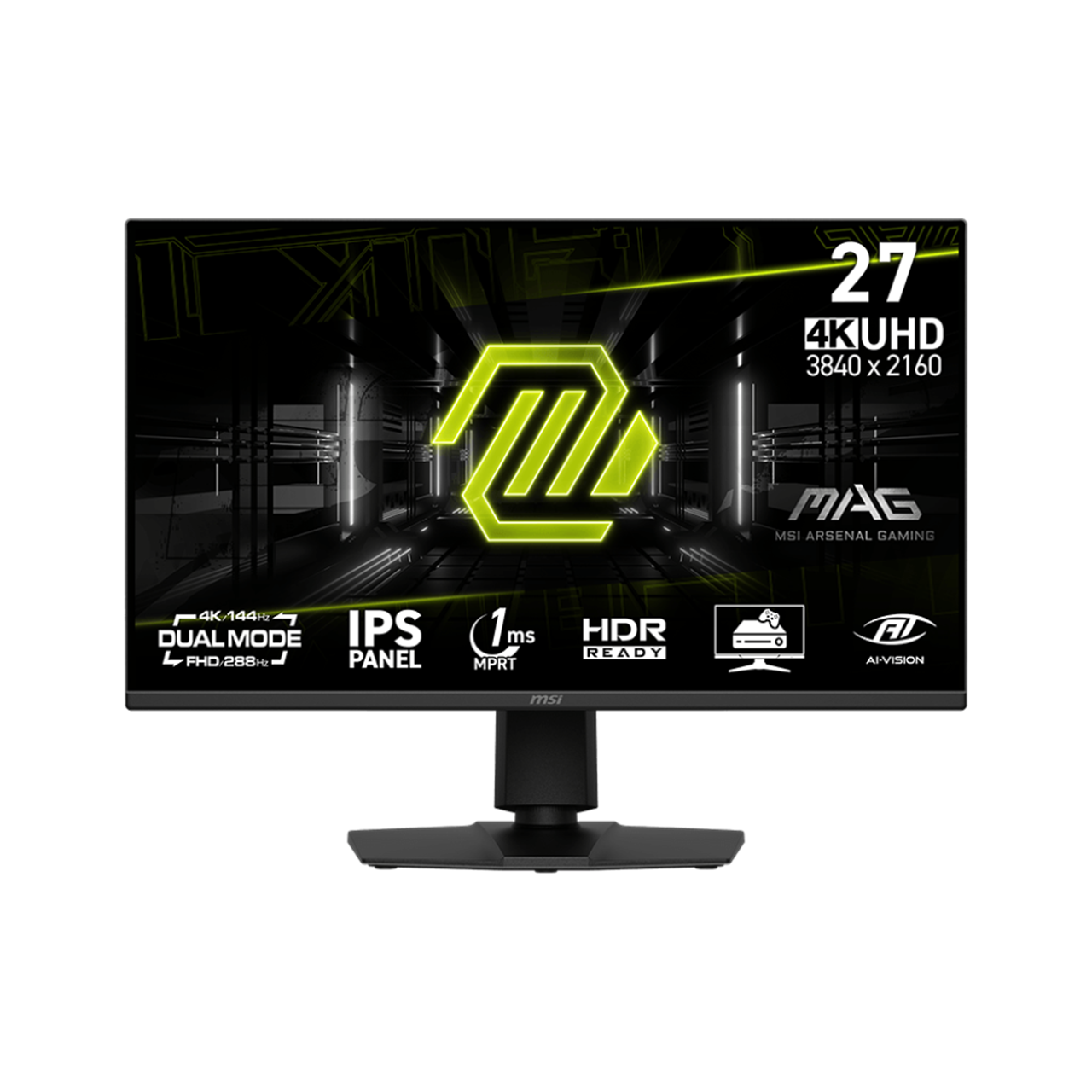 A large main feature product image of MSI MAG 275UPD E14 - 27" 4K 2160p 144Hz / 1080p 288Hz Dual-Mode IPS Gaming Monitor