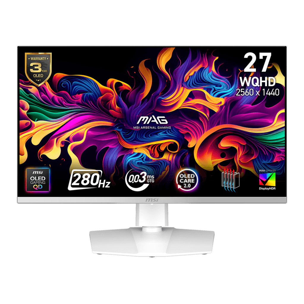 A large main feature product image of MSI MAG 272QPW QD-OLED X28 - 27"  1440p 280Hz 0.03ms Gaming Monitor