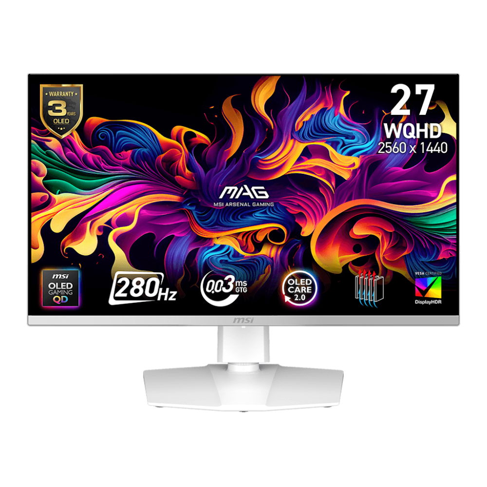 A large main feature product image of MSI MAG 272QPW QD-OLED X28 - 27" 1440p 280Hz 0.03ms Gaming Monitor