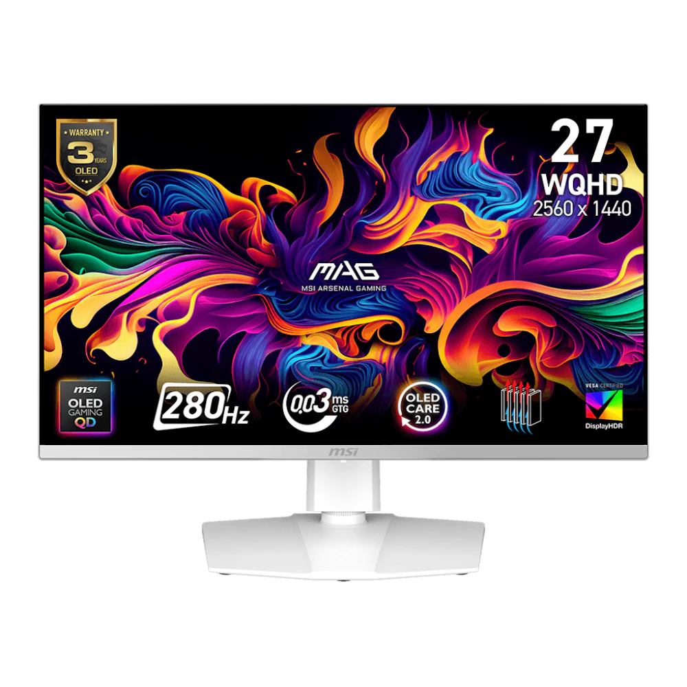 A large main feature product image of MSI MAG 272QPW QD-OLED X28 - 27" 1440p 280Hz 0.03ms Gaming Monitor