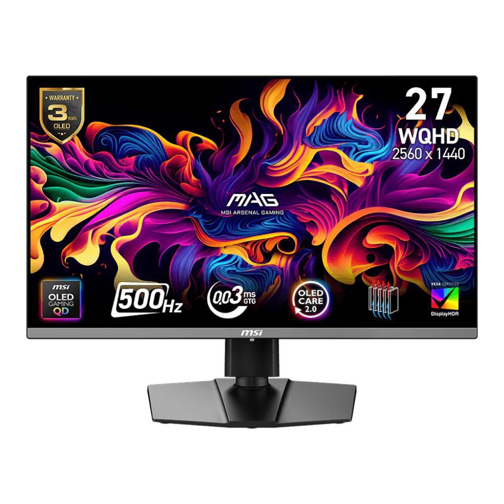 A large main feature product image of MSI MAG 272QP QD-OLED X50 - 27" 1440p 500Hz 0.03ms Gaming Monitor