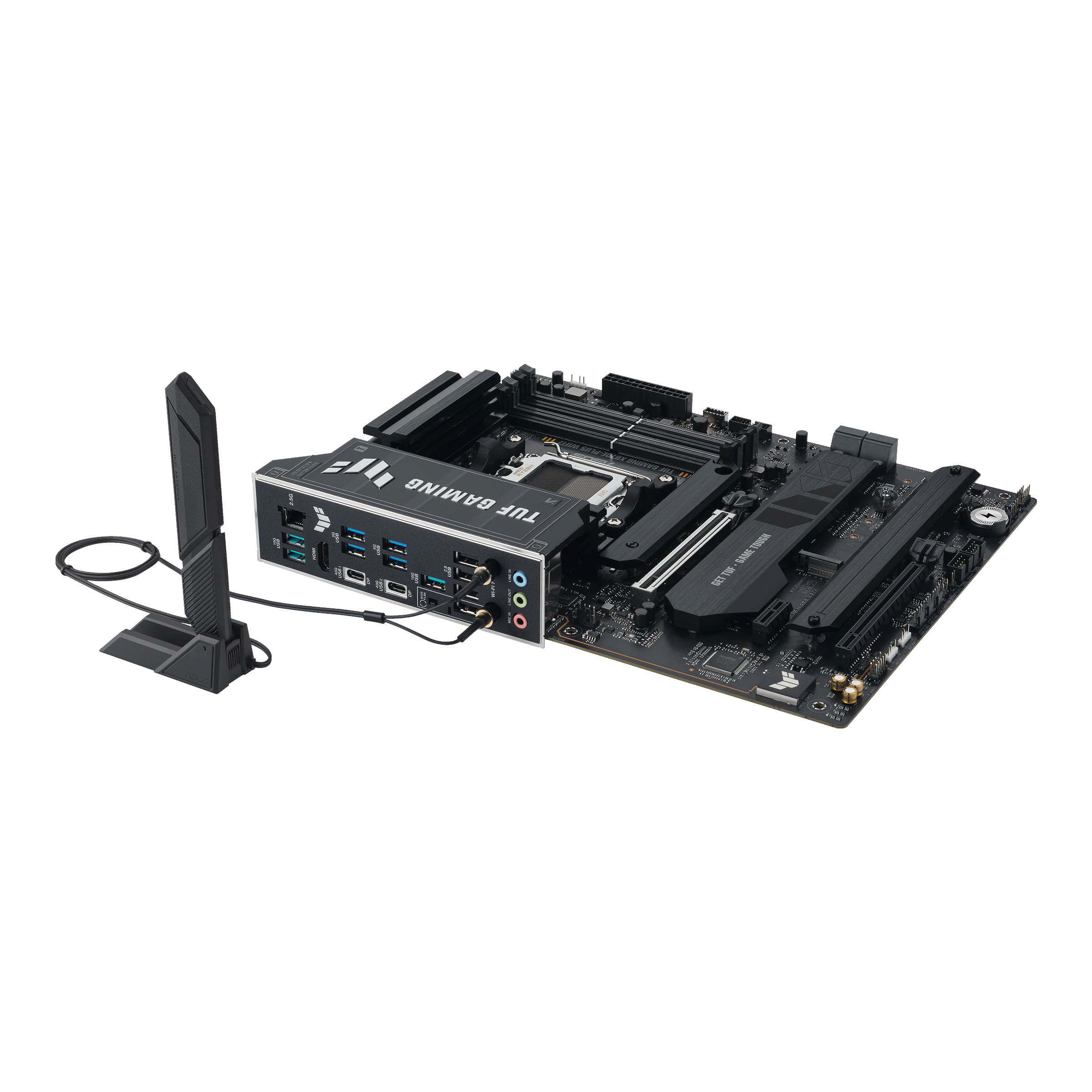 A large main feature product image of ASUS TUF Gaming X870E-Plus WiFi7 AM5 ATX Desktop Motherboard