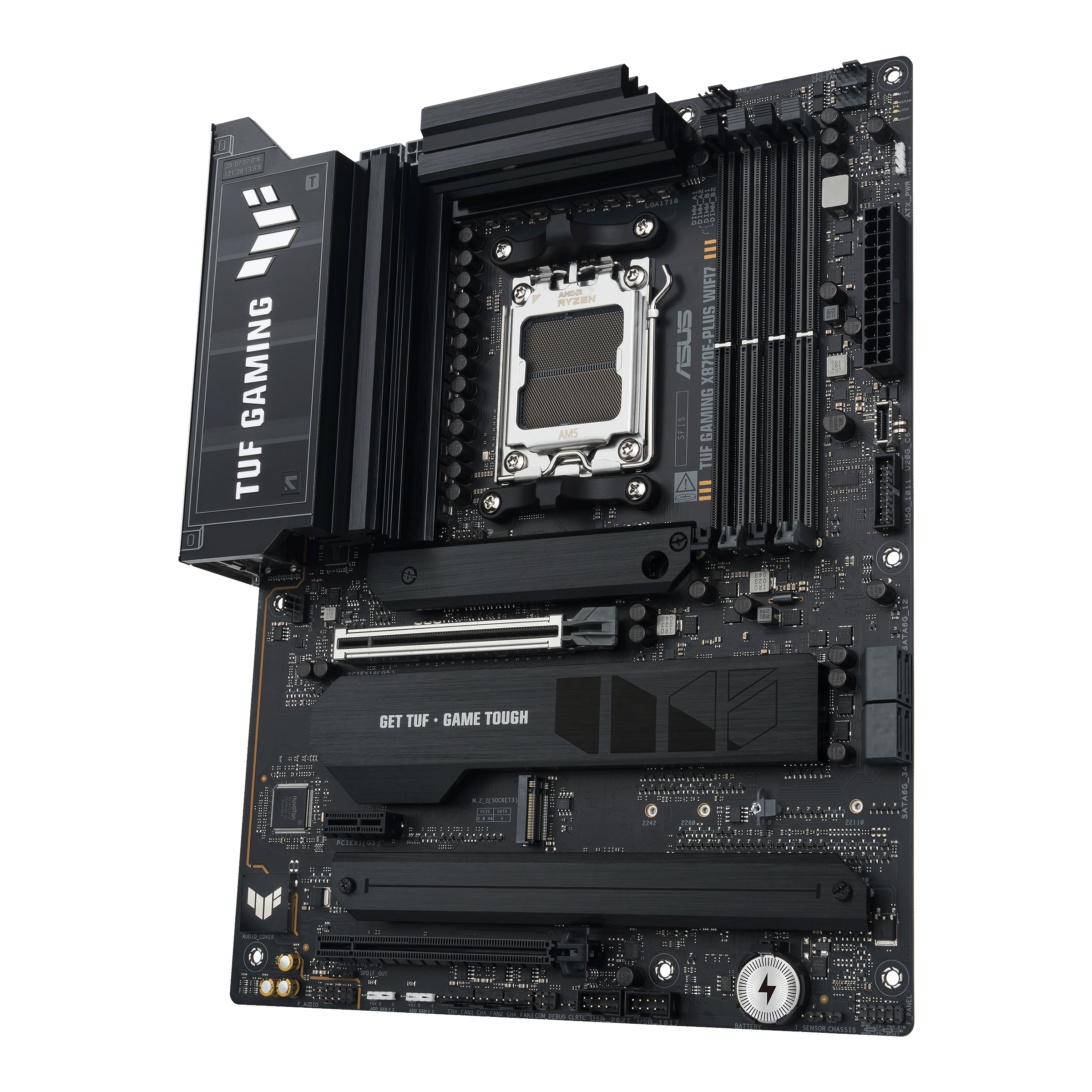 A large main feature product image of ASUS TUF Gaming X870E-Plus WiFi7 AM5 ATX Desktop Motherboard