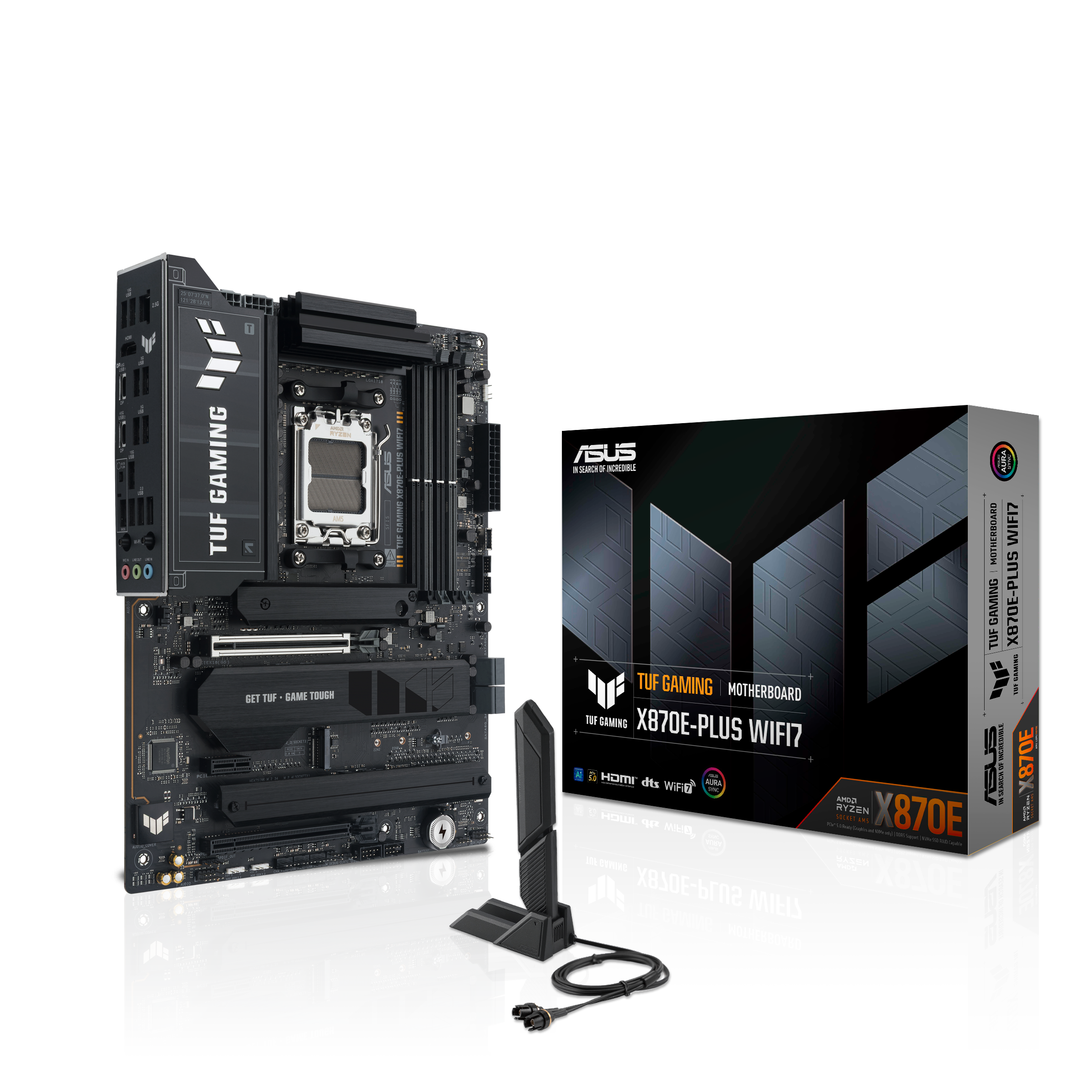 A large main feature product image of ASUS TUF Gaming X870E-Plus WiFi7 AM5 ATX Desktop Motherboard