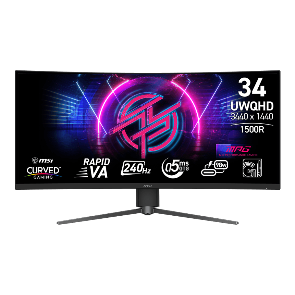 A large main feature product image of MSI MPG 346CQRF X24 - 34" Curved 1440p 240Hz 0.5ms Rapid VA Gaming Monitor