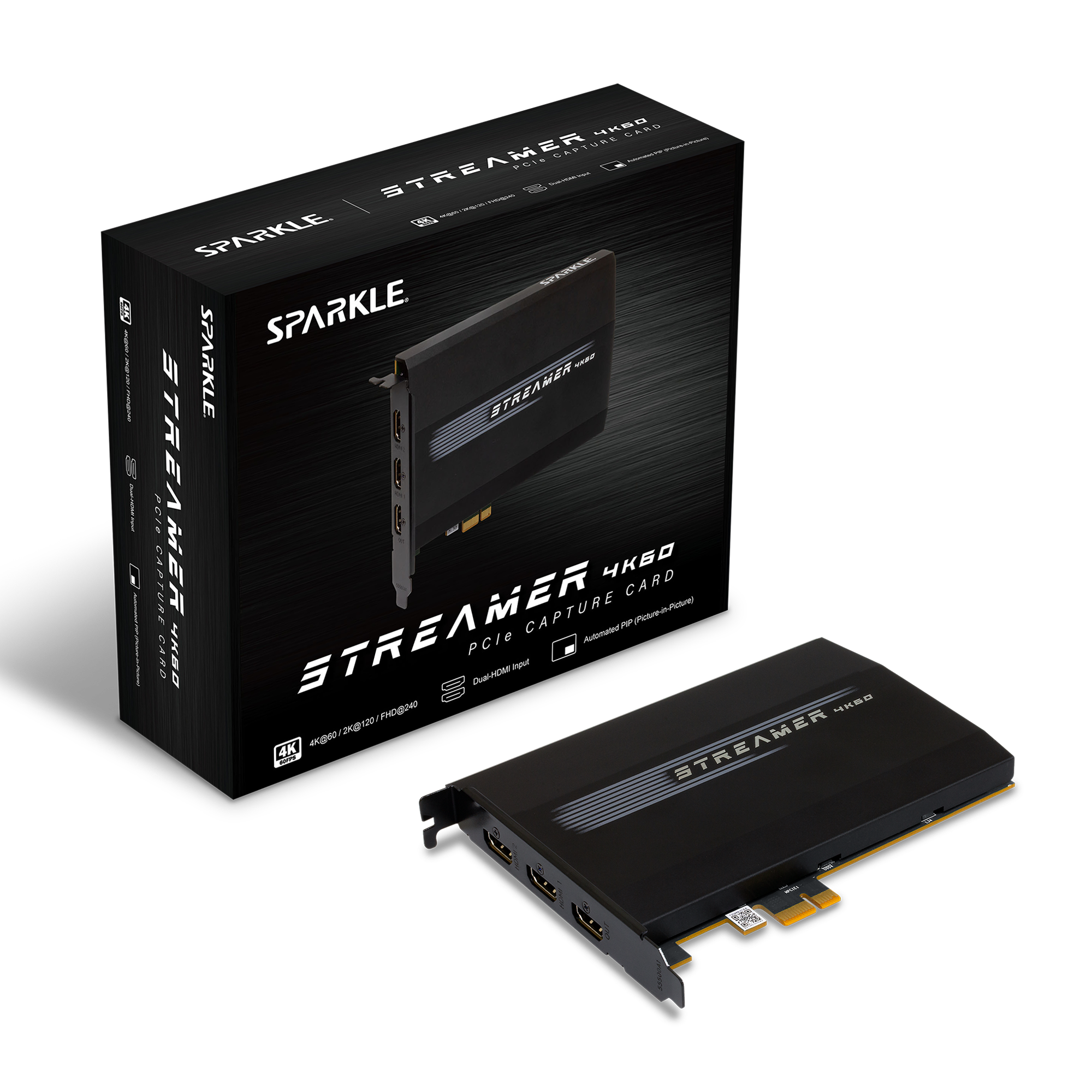 A large main feature product image of SPARKLE Streamer 4K60 PCIe Capture Card