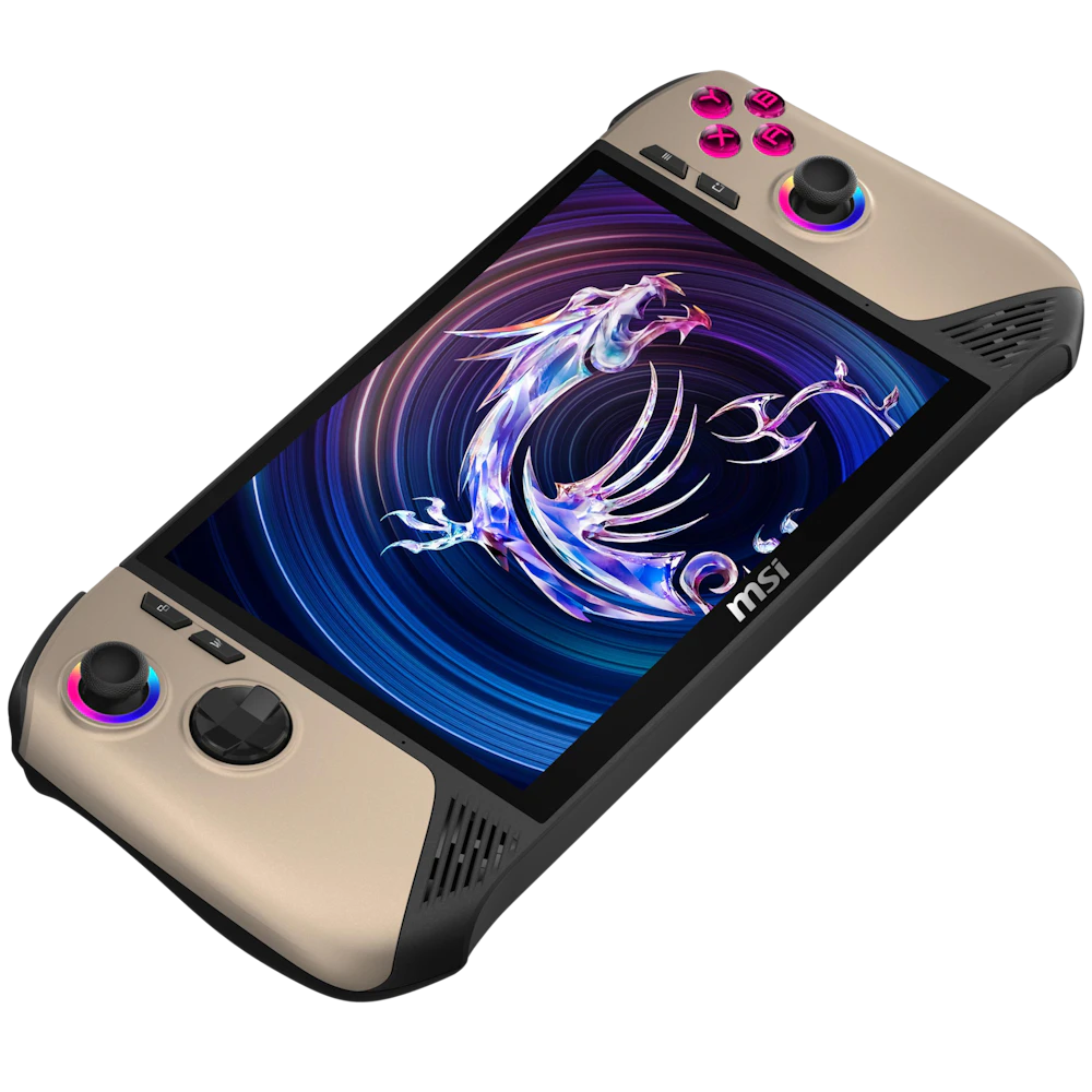 A large main feature product image of MSI Claw 8 AI+ (A2VM) - 8" 120Hz, Core Ultra 7 258V, 32GB/1TB - Win 11 Gaming Handheld