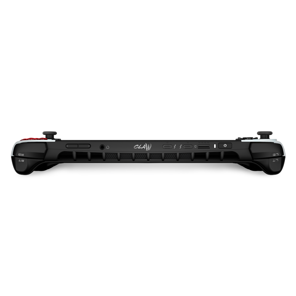 A large main feature product image of MSI Claw 8 AI+ (A2VM) - 8" 120Hz, Core Ultra 7 258V, 32GB/2TB - Win 11 Gaming Handheld (Polar Tempest Edition)