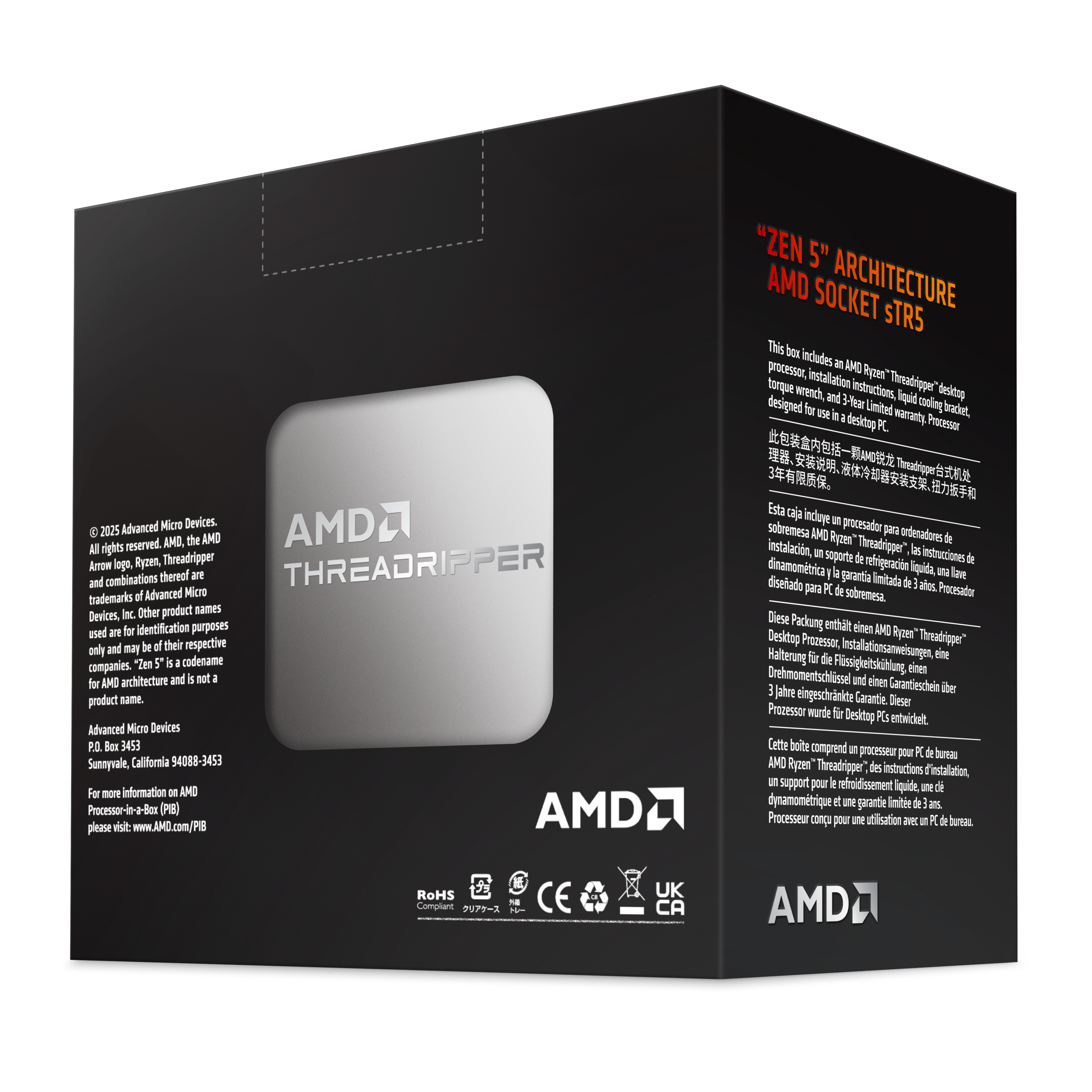 A large main feature product image of AMD Ryzen Threadripper 9980X 64 Core 128 Thread Up To 5.4GHz sTR5 - No HSF Retail Box
