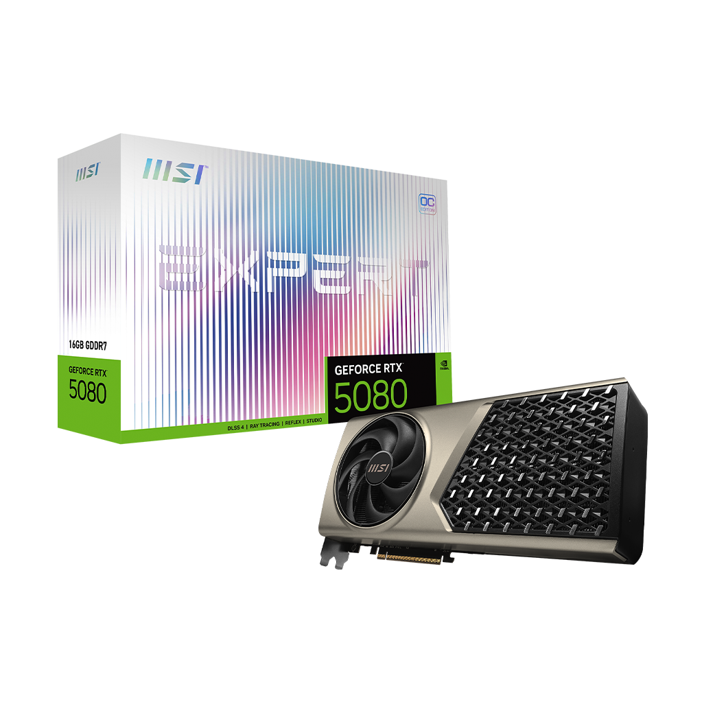 A large main feature product image of MSI GeForce RTX 5080 Expert OC 16GB  GDDR7