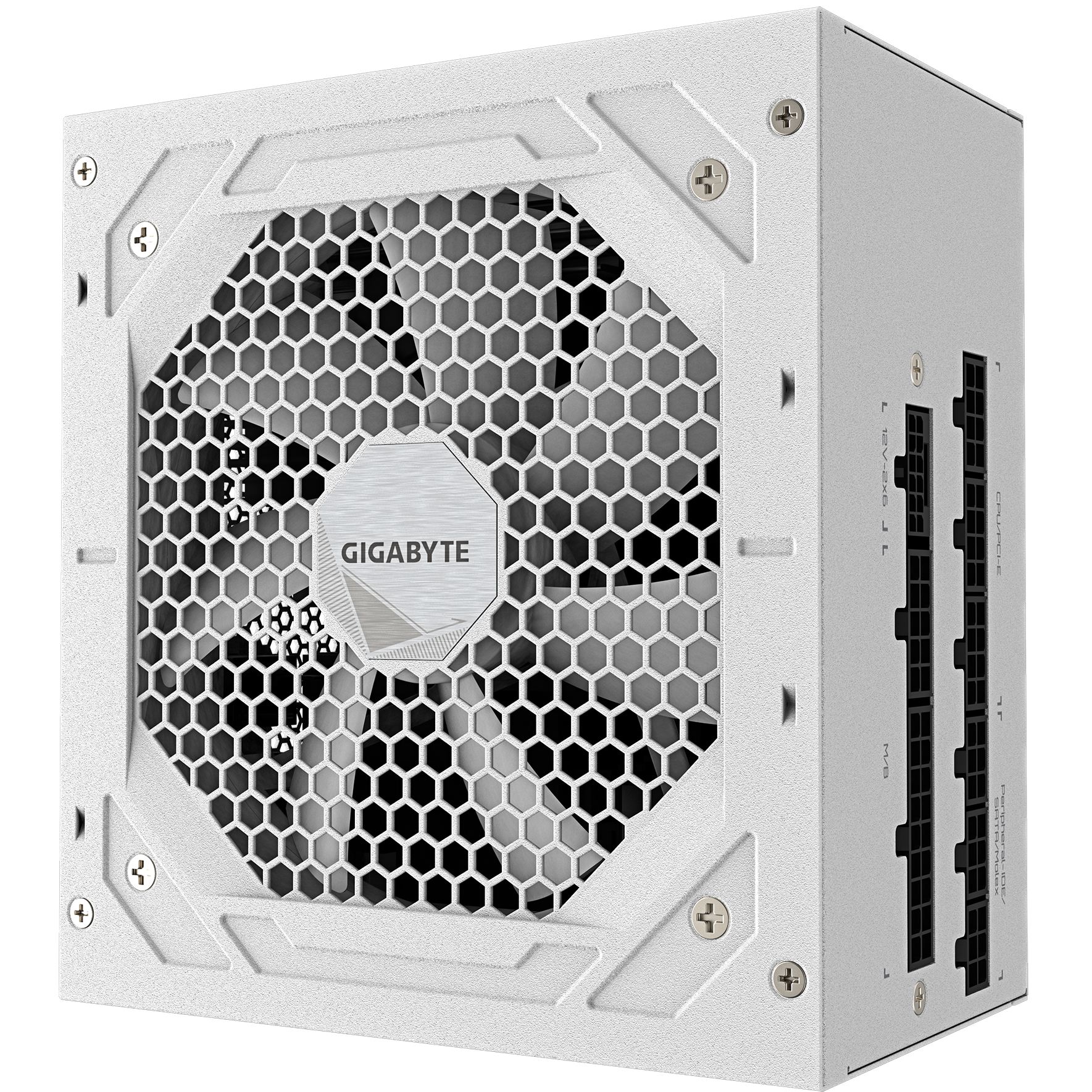 A large main feature product image of Gigabyte UD750GM - 750W Gold PCIe 5.0 ATX Modular PSU - White