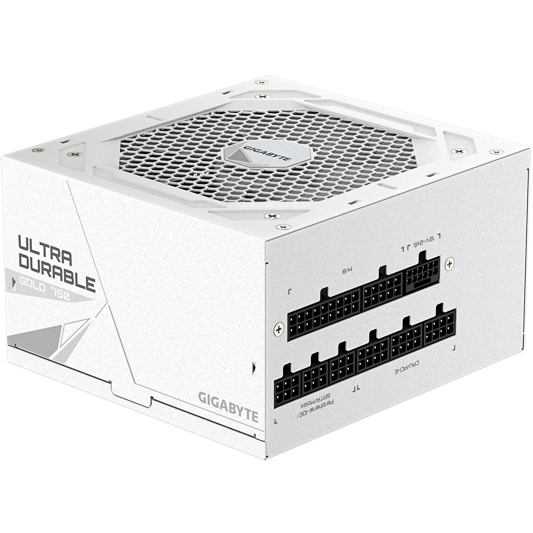 A large main feature product image of Gigabyte UD750GM - 750W Gold PCIe 5.0 ATX Modular PSU - White
