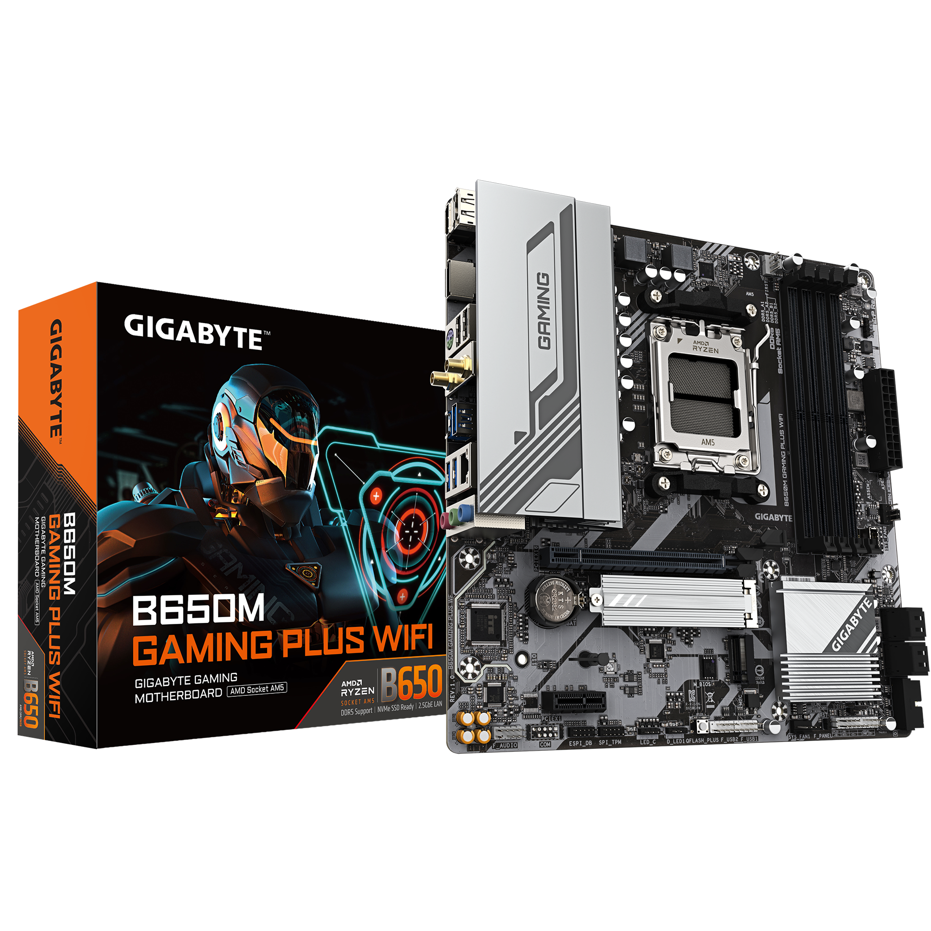 A large main feature product image of Gigabyte B650M Gaming Plus WiFi AM5 mATX Desktop Motherboard
