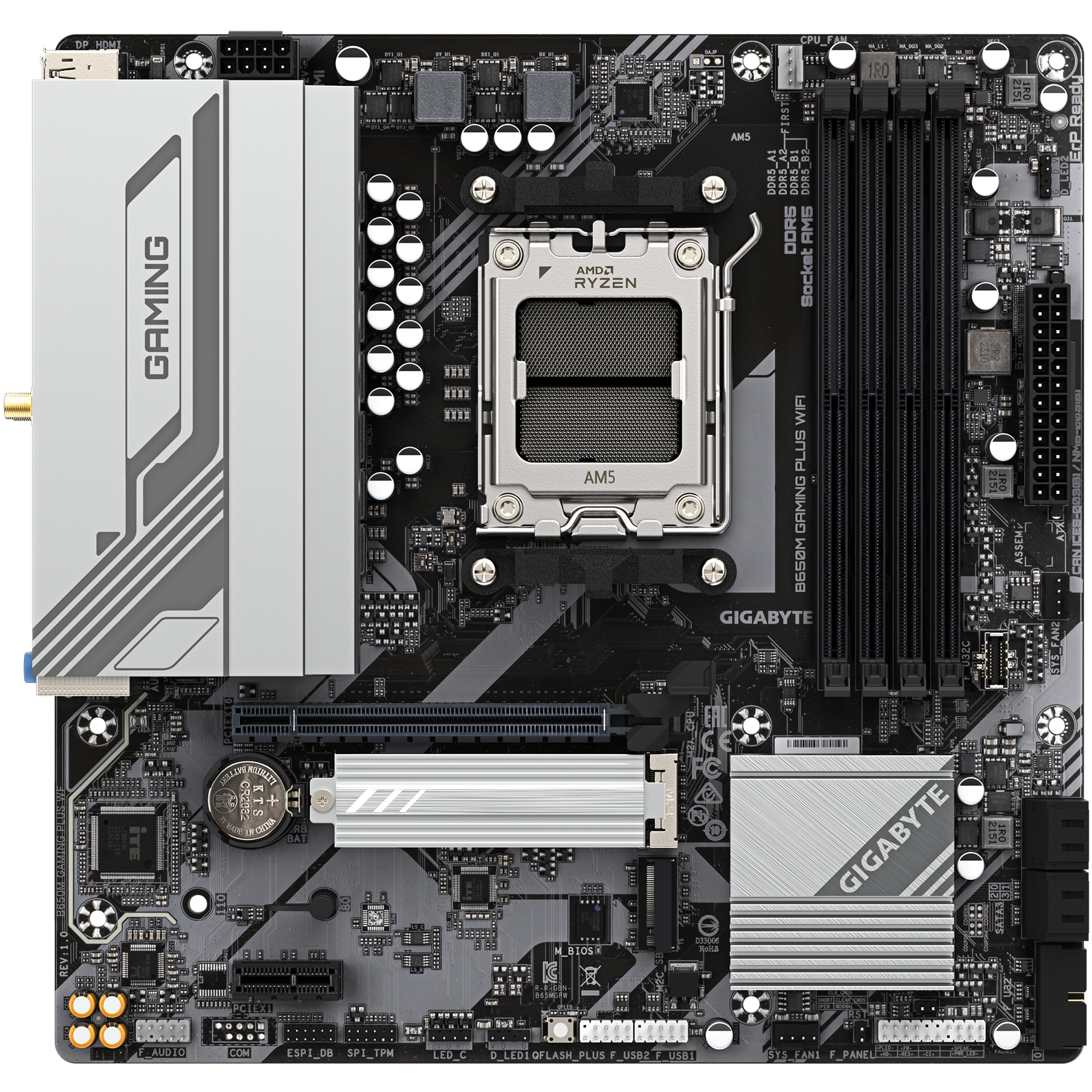 A large main feature product image of Gigabyte B650M Gaming Plus WiFi AM5 mATX Desktop Motherboard