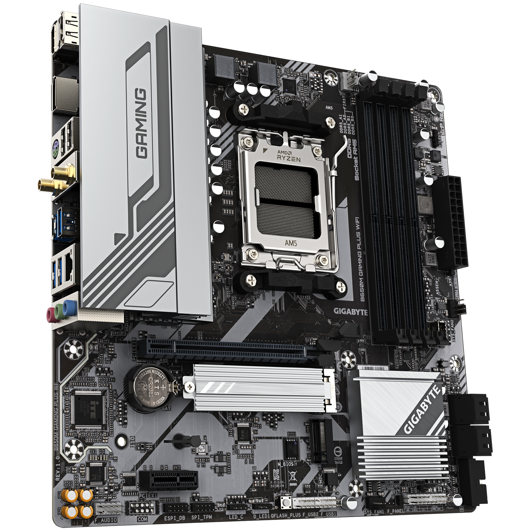 A large main feature product image of Gigabyte B650M Gaming Plus WiFi AM5 mATX Desktop Motherboard