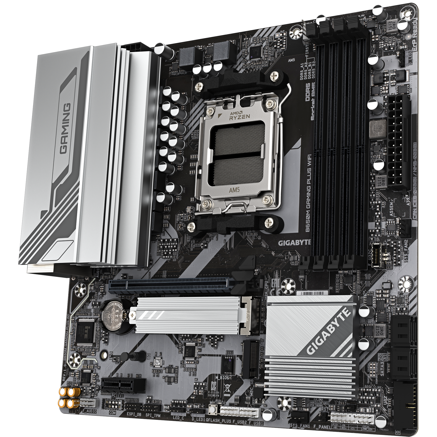 A large main feature product image of Gigabyte B650M Gaming Plus WiFi AM5 mATX Desktop Motherboard