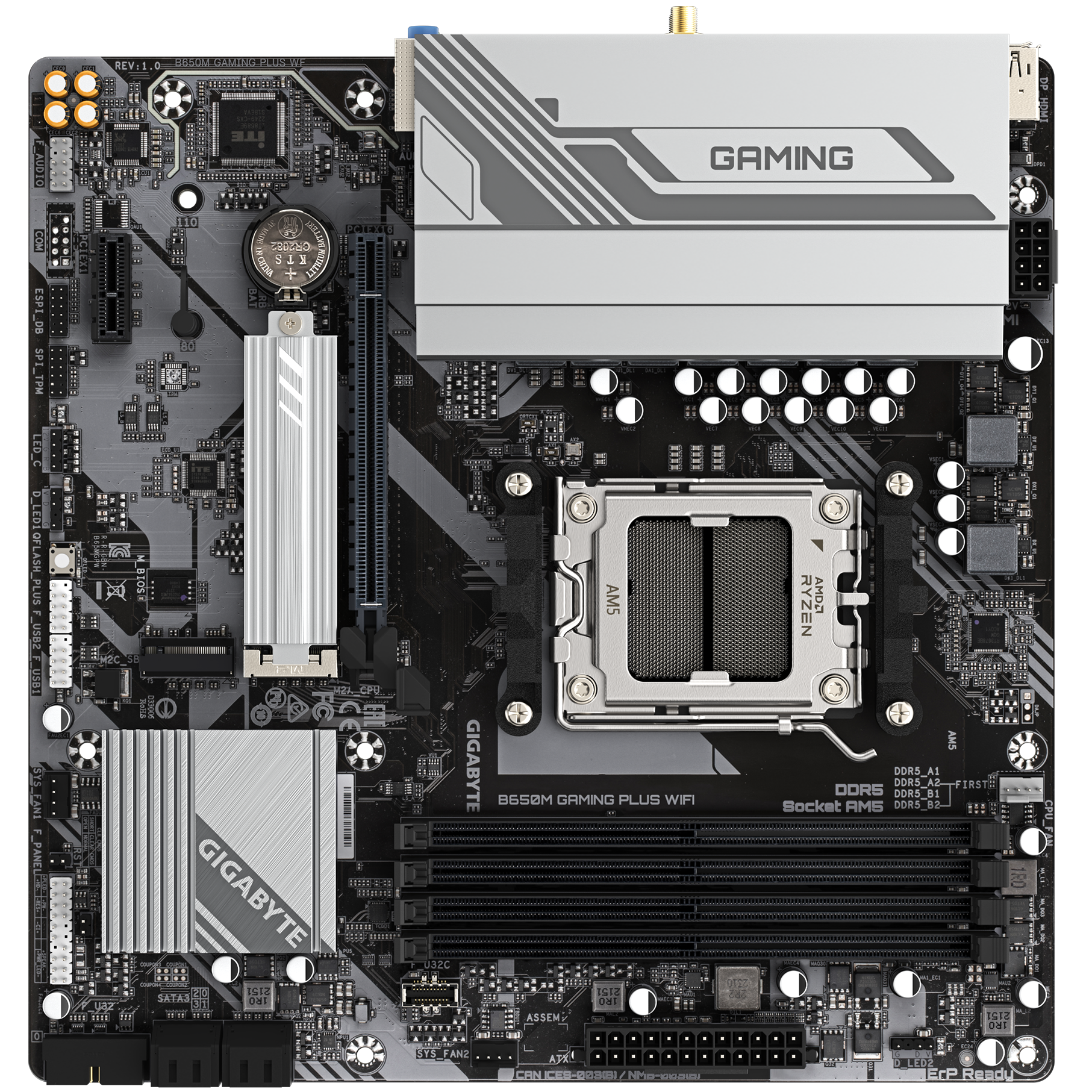 A large main feature product image of Gigabyte B650M Gaming Plus WiFi AM5 mATX Desktop Motherboard