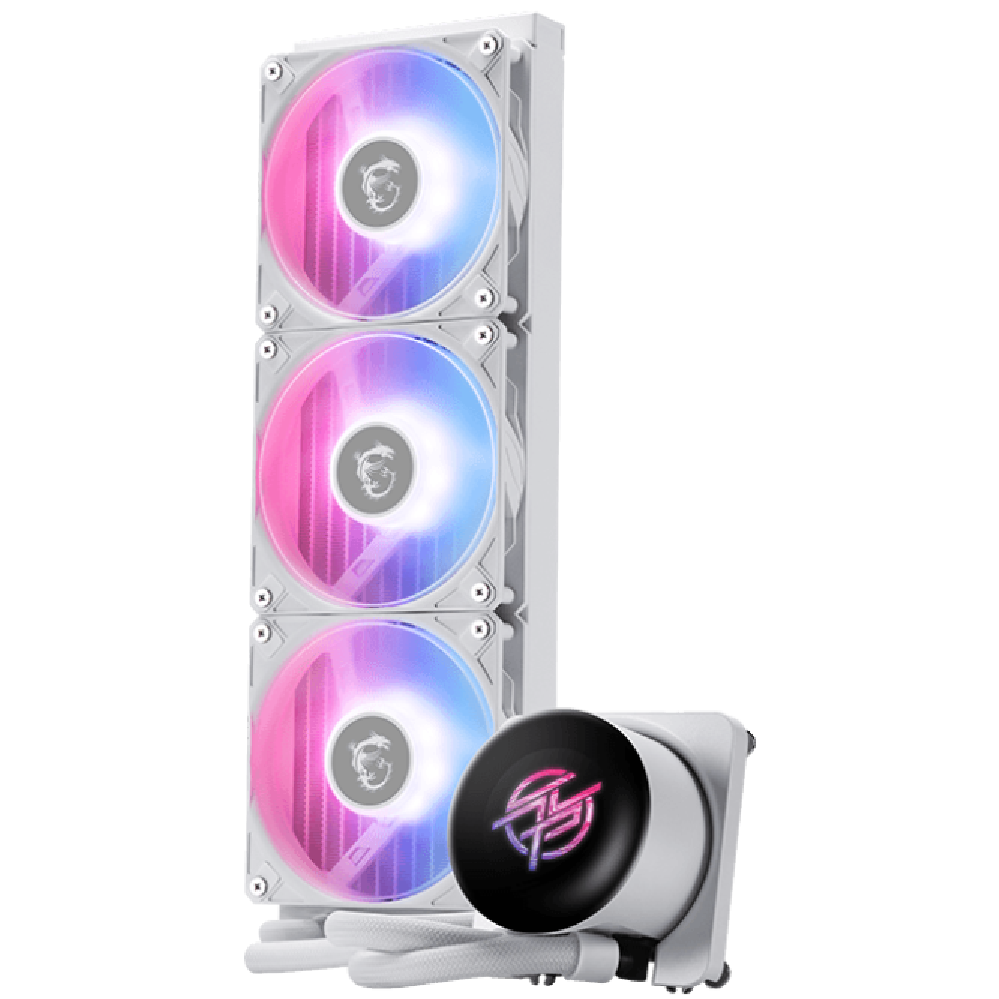 A large main feature product image of MSI MPG CoreLiquid P13 360mm AIO Liquid CPU Cooler - White