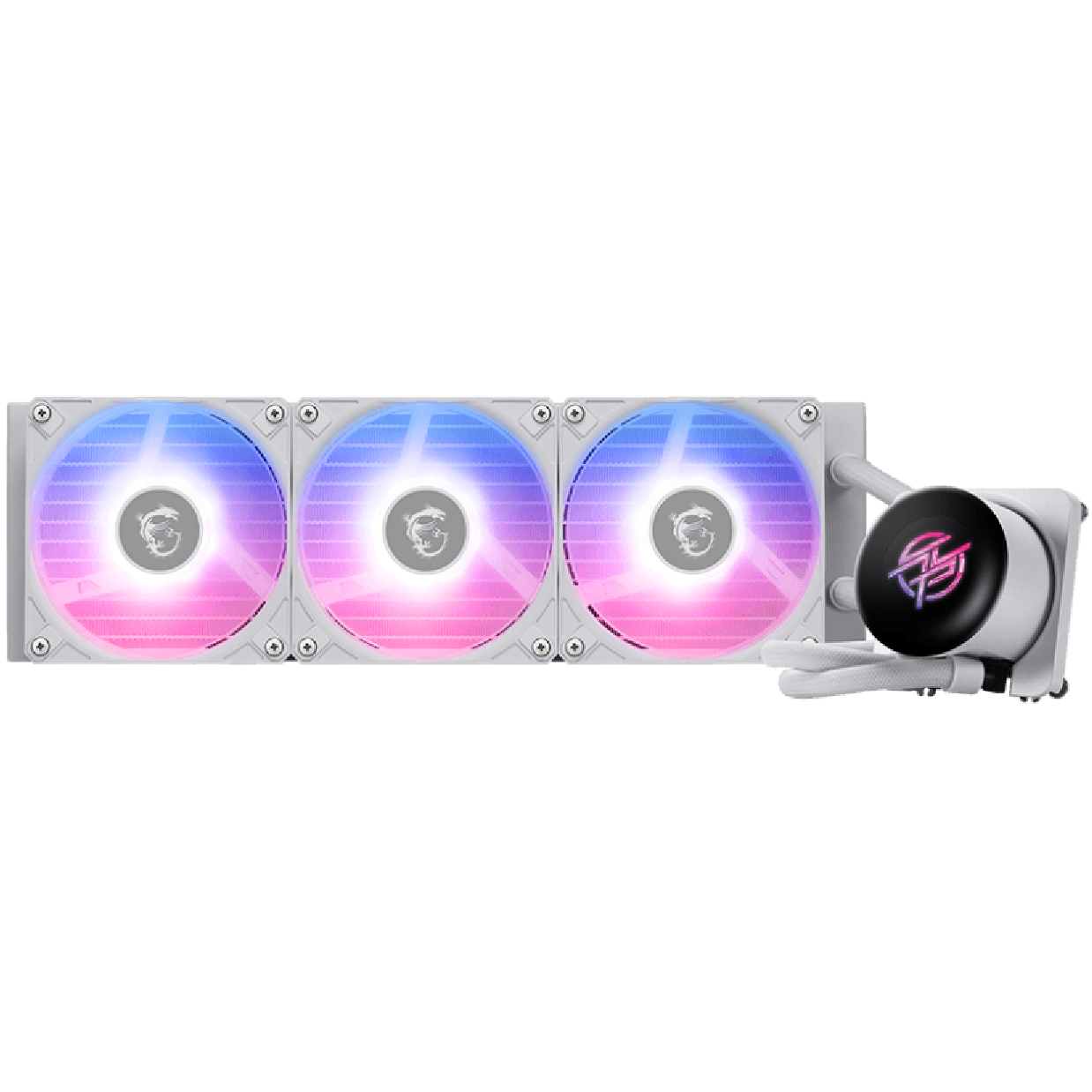 A large main feature product image of MSI MPG CoreLiquid P13 360mm AIO Liquid CPU Cooler - White