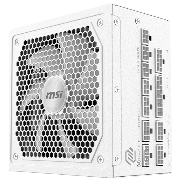 A large main feature product image of MSI MAG A1000GL - 1000W Gold PCIe 5.0 ATX Modular PSU - White