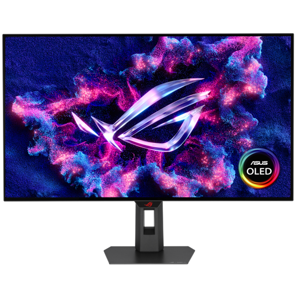 A large main feature product image of ASUS ROG Strix OLED XG32UCWG - 32" 4K 165Hz / 1080p 330Hz Dual-Mode 0.03ms Gaming Monitor