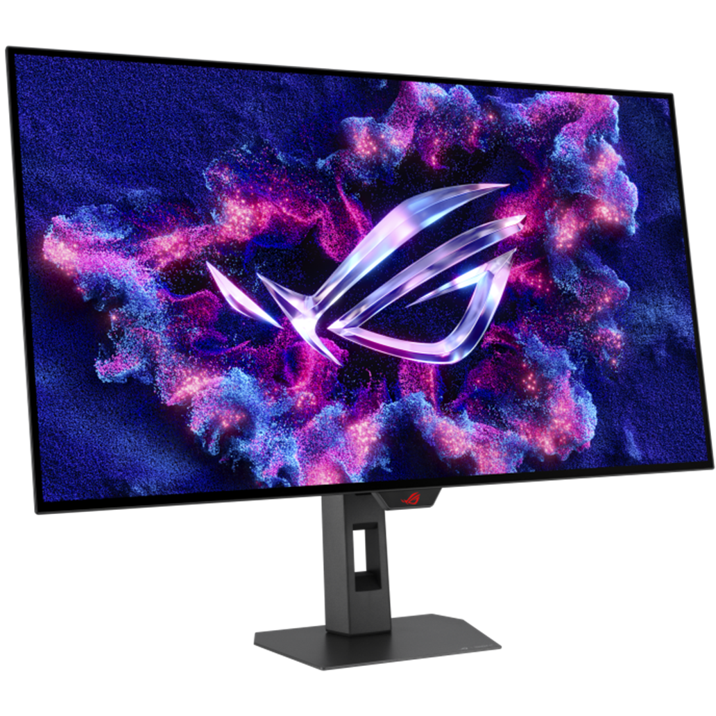 A large main feature product image of ASUS ROG Strix OLED XG32UCWG - 32" 4K 165Hz / 1080p 330Hz Dual-Mode 0.03ms Gaming Monitor