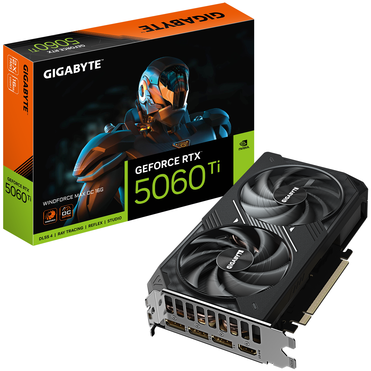 A large main feature product image of Gigabyte GeForce RTX 5060 Ti Windforce Max OC 16GB GDDR7
