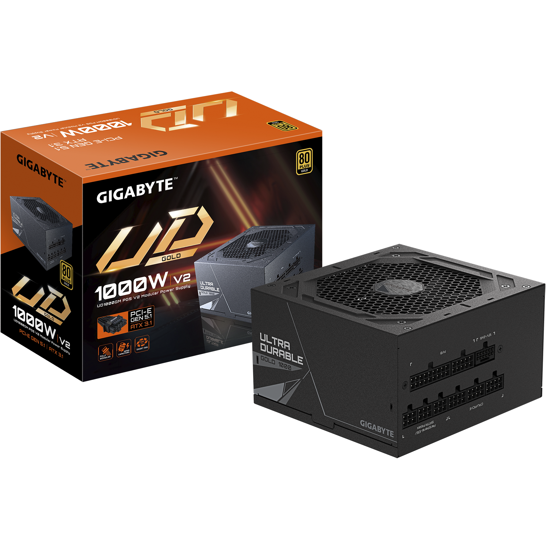 A large main feature product image of Gigabyte UD1000GM - 1000W Gold PCIe 5.0 ATX Modular PSU - Black