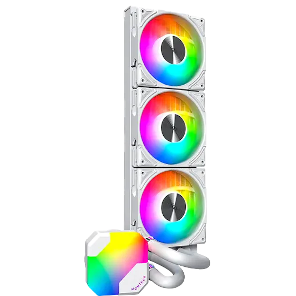 A large main feature product image of Montech HyperFlow ARGB 360mm AIO Liquid CPU Cooler (White)
