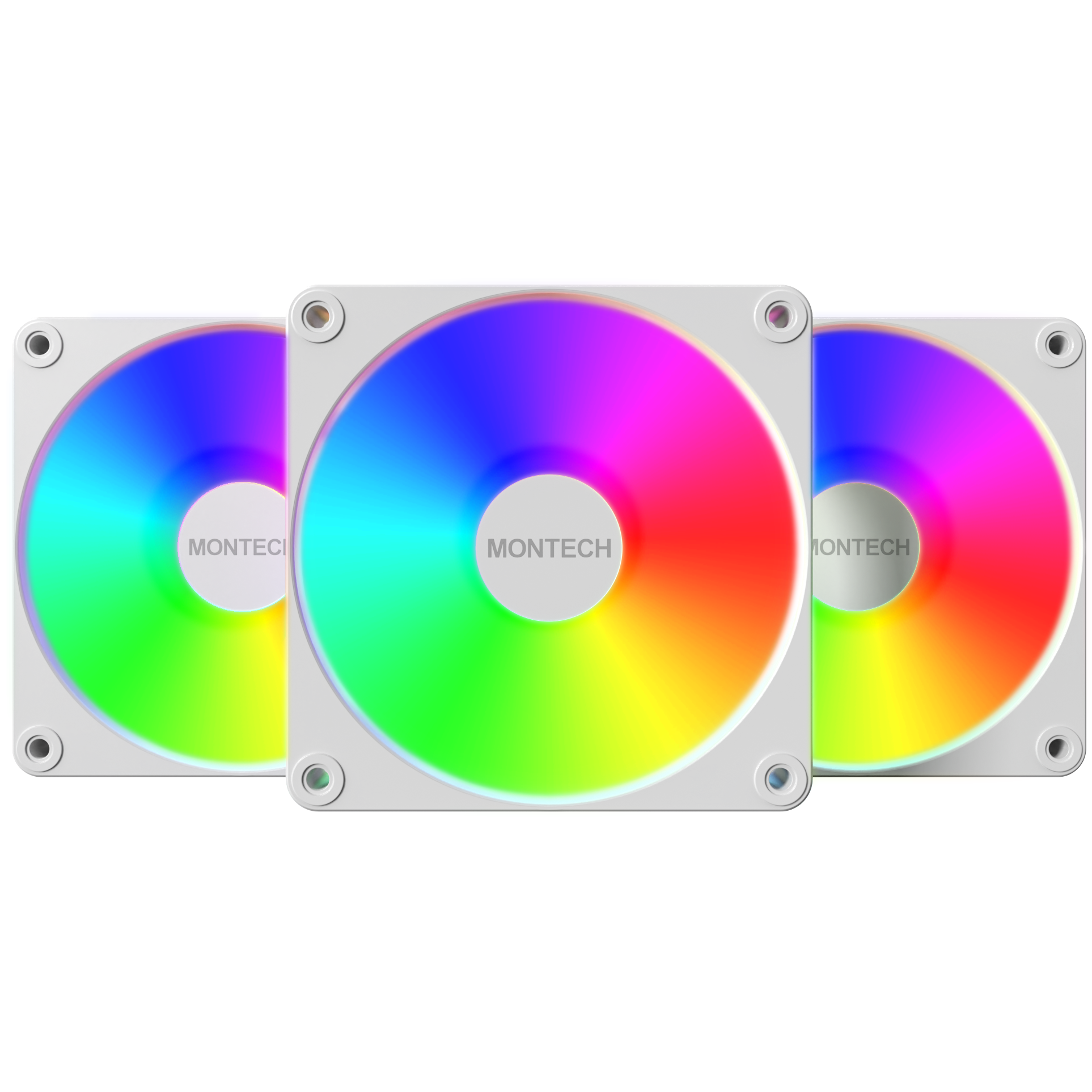 A large main feature product image of Montech GF120R V2 ARGB 120mm PWM Reverse Blade Fan 3-Pack (White)