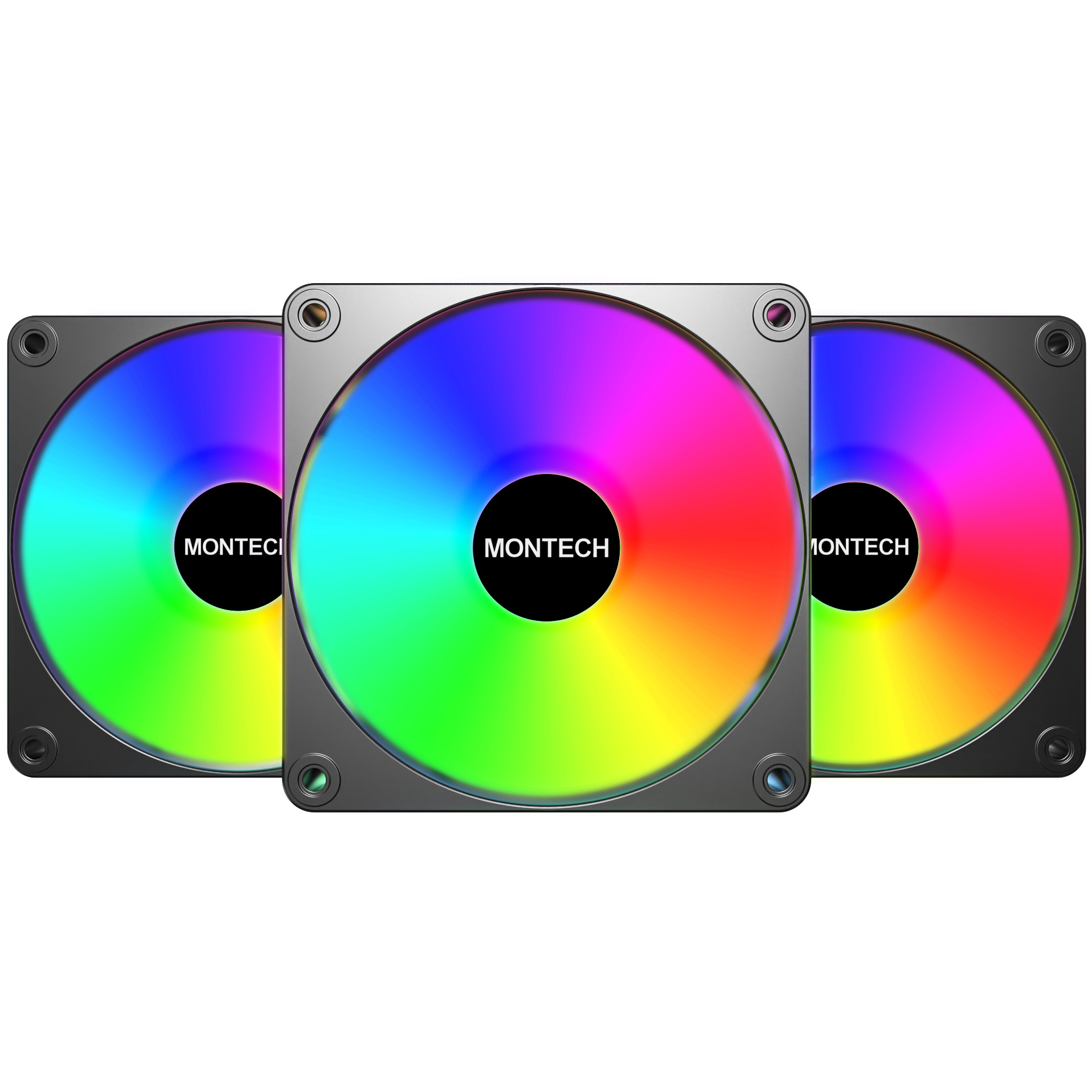 A large main feature product image of Montech GF120R V2 ARGB 120mm PWM Reverse Blade Fan 3-Pack (Black)