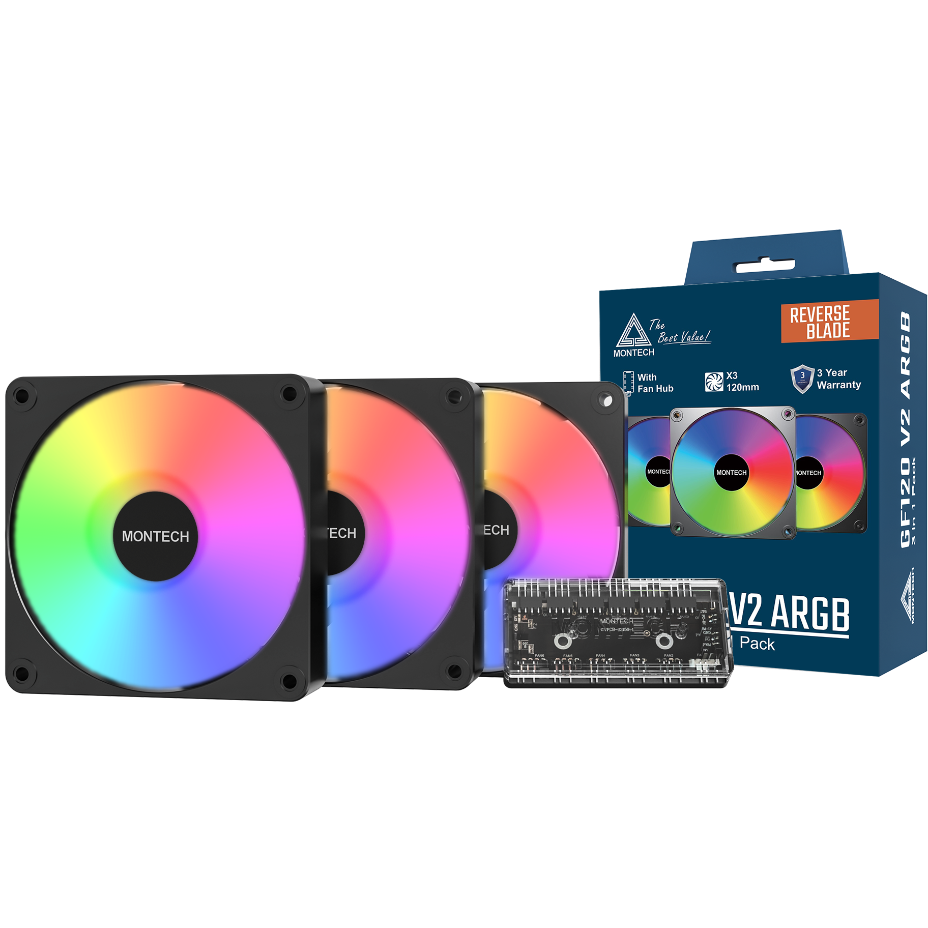 A large main feature product image of Montech GF120R V2 ARGB 120mm PWM Reverse Blade Fan 3-Pack (Black)