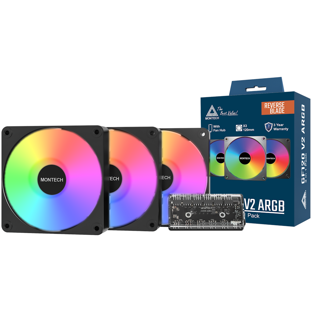 A large main feature product image of Montech GF120R V2 ARGB 120mm PWM Reverse Blade Fan 3-Pack (Black)