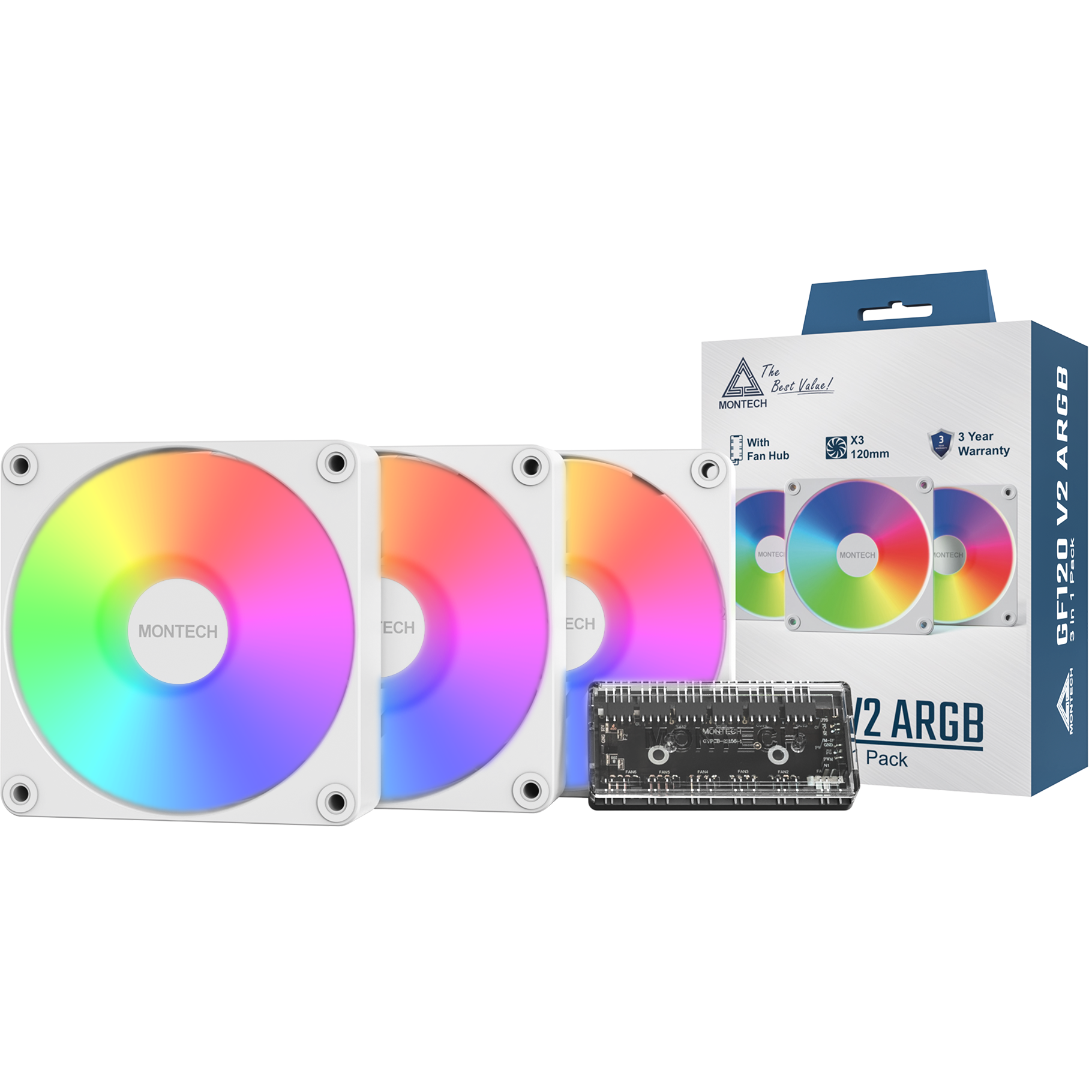 A large main feature product image of Montech GF120 V2 ARGB 120mm PWM Fan 3-Pack (White)