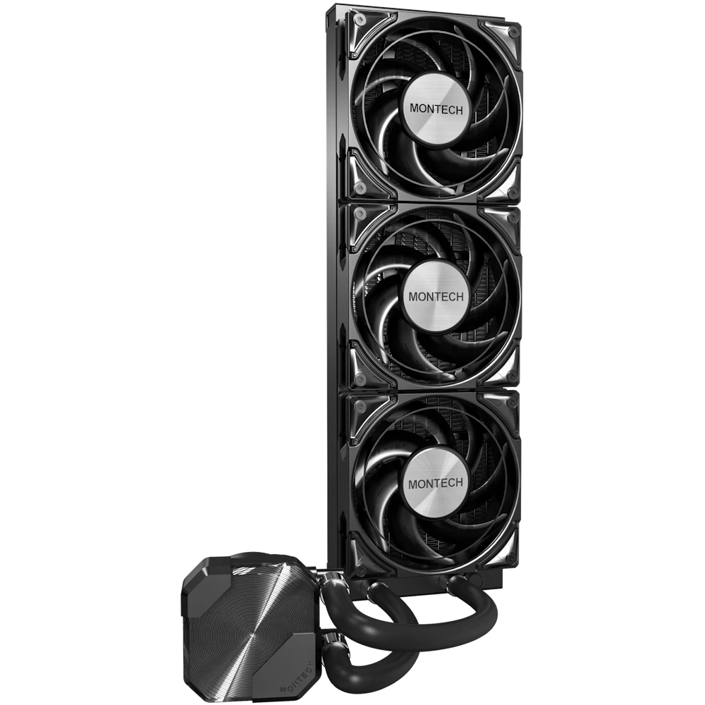 A large main feature product image of Montech HyperFlow Silent 360mm AIO Liquid CPU Cooler (Black)