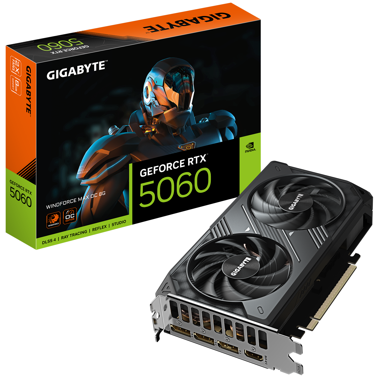 A large main feature product image of Gigabyte GeForce RTX 5060 Windforce Max OC 8GB GDDR7